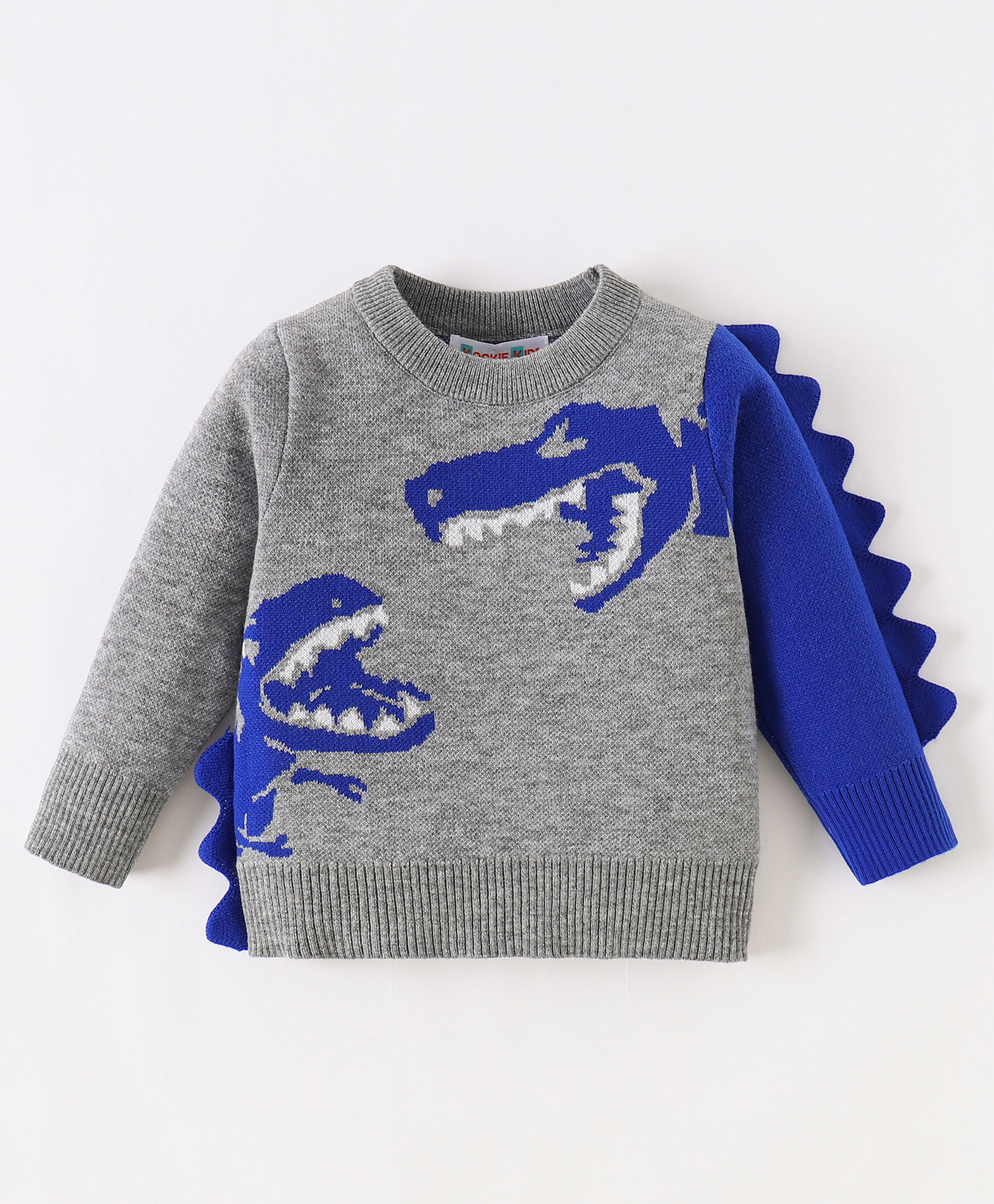 Kookie Kids Full Sleeves Pullover Sweater with Dino Design & Applique - Grey-picture-19