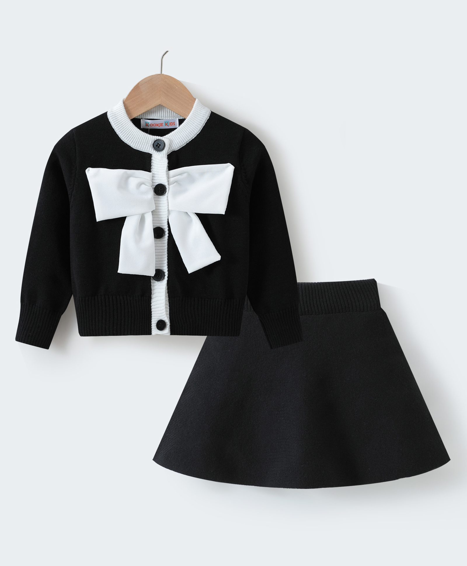 Kookie Kids Knit Full Sleeves Sweater Set with Bow Applique - Black-image-34