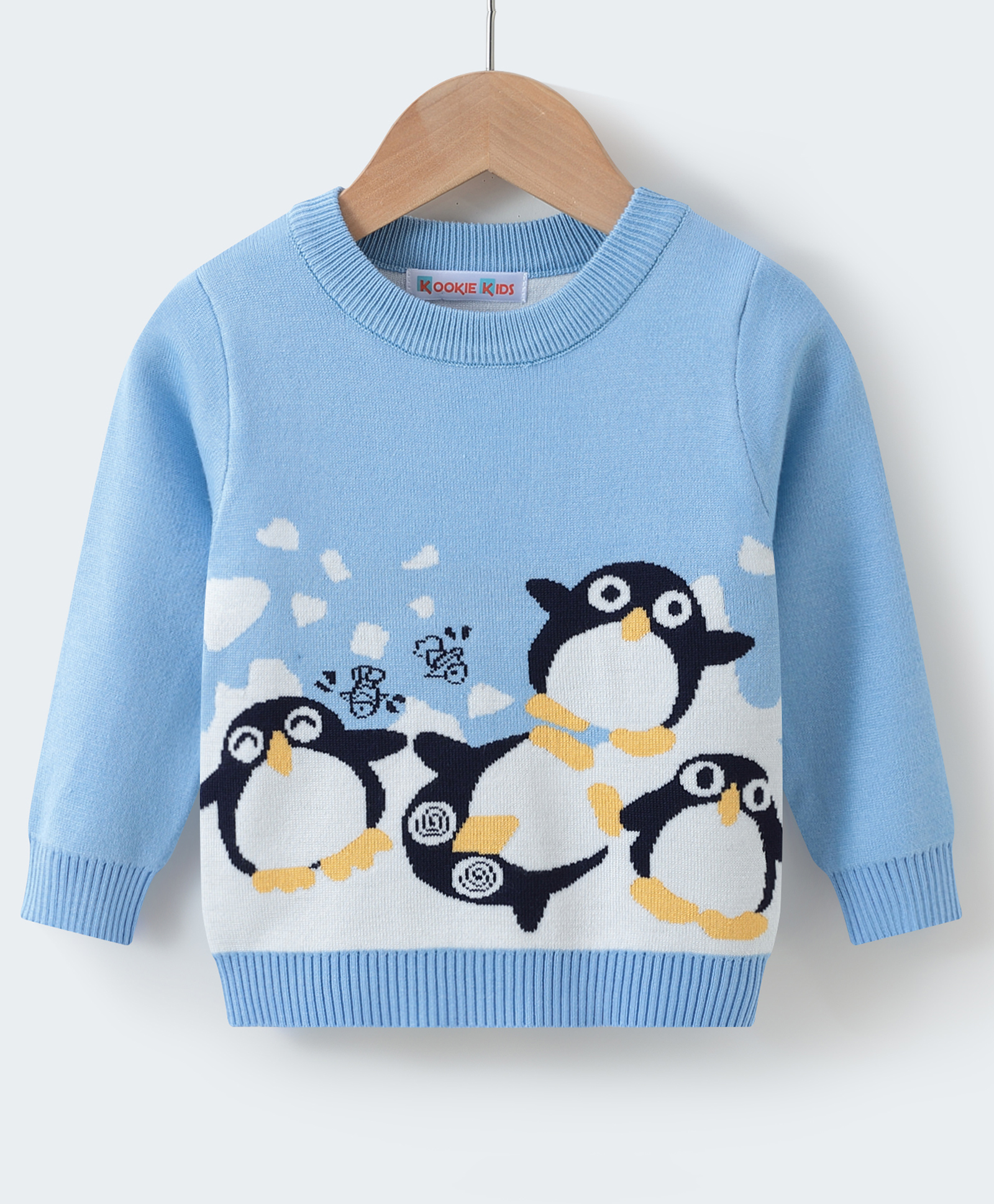 Kookie Kids Knit Full Sleeves Pullover Sweater with Penguin Design - Light Blue-image-34
