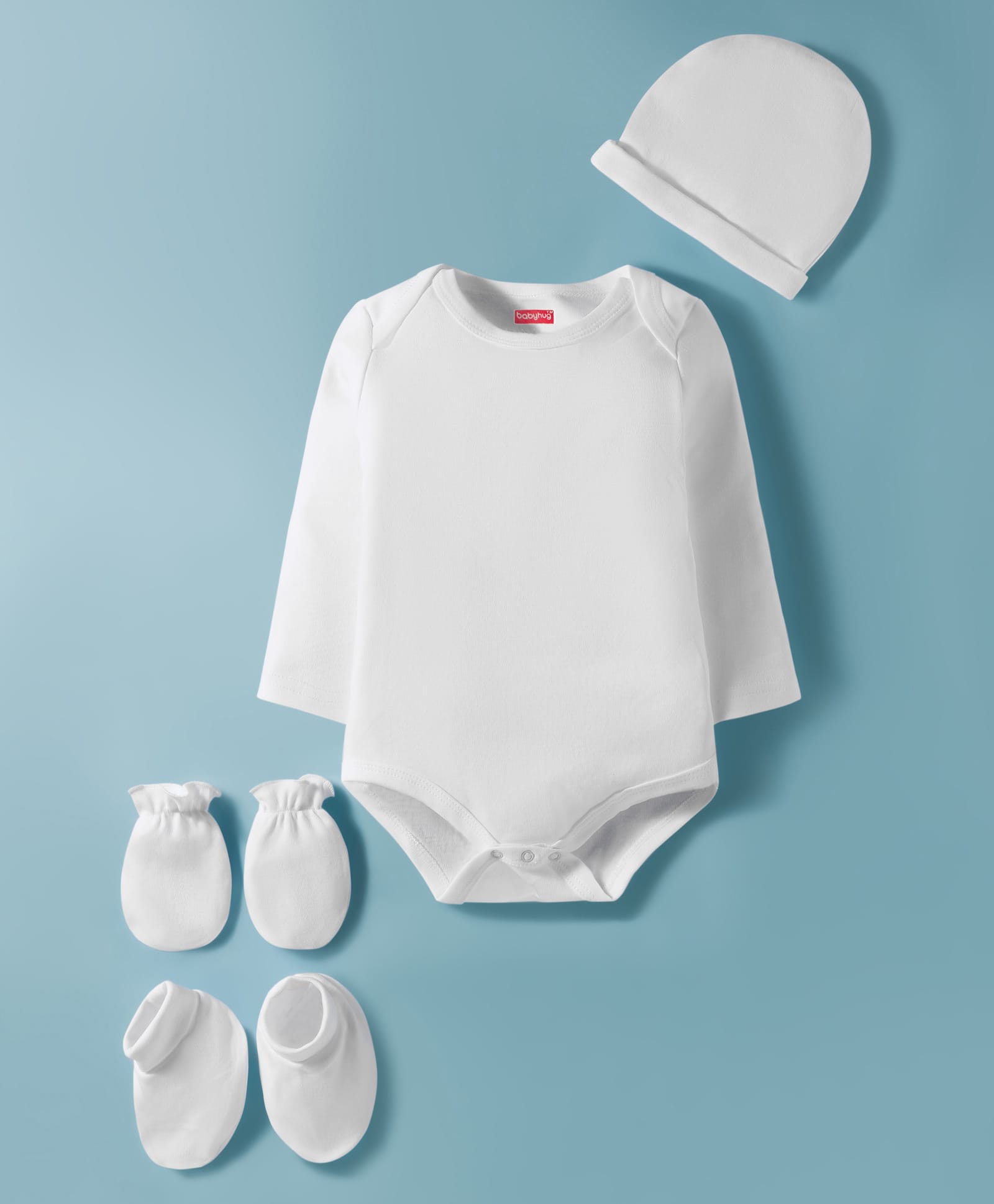 Babyhug 100% Cotton Knit Full Sleeves Onesie With  Cap Mittens & Booties Set Solid Colour - White-picture-17