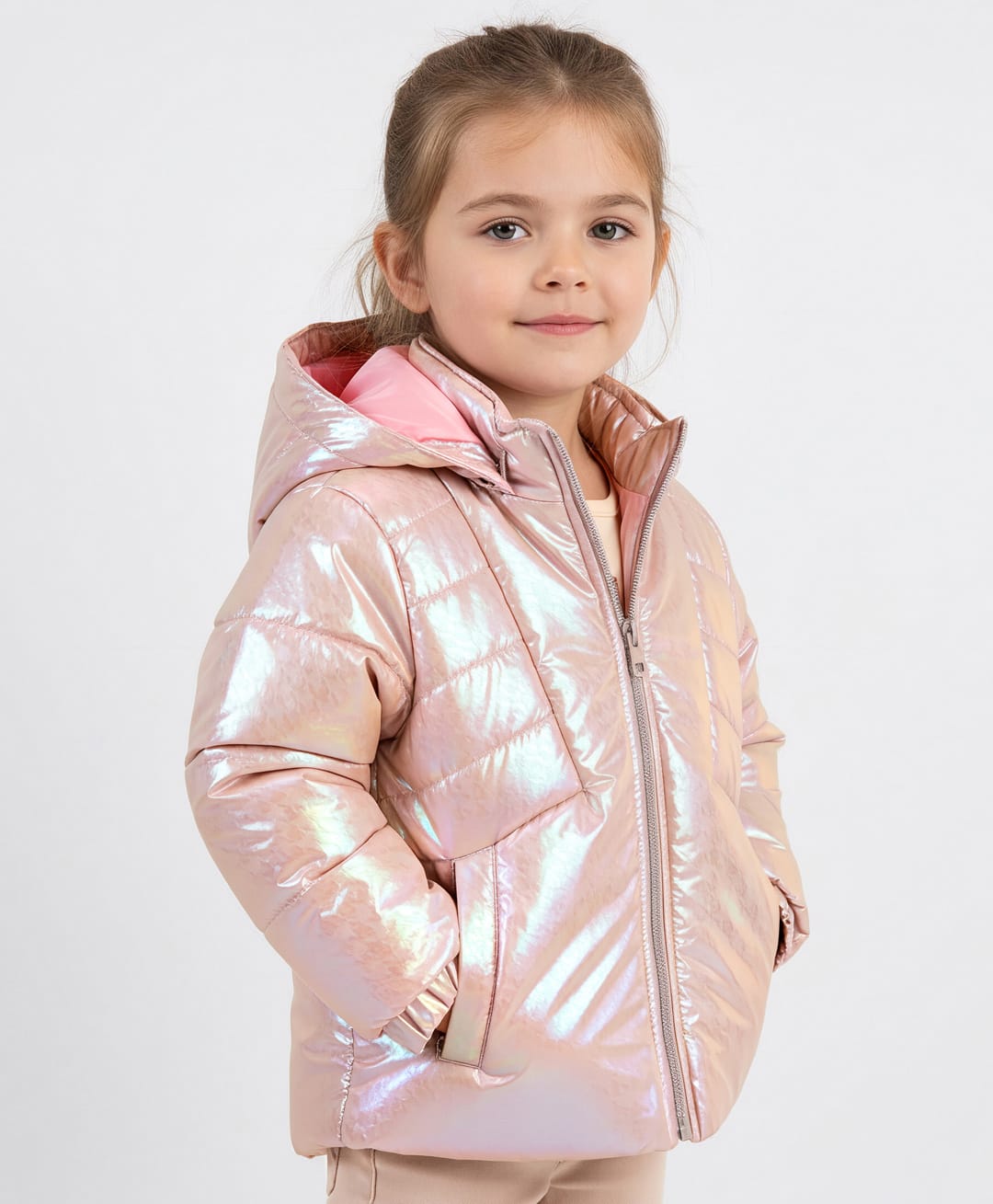 Bonfino Full Sleeve Hooded Puffer Jacket with Holographic Effect Print - Pink-picture-13