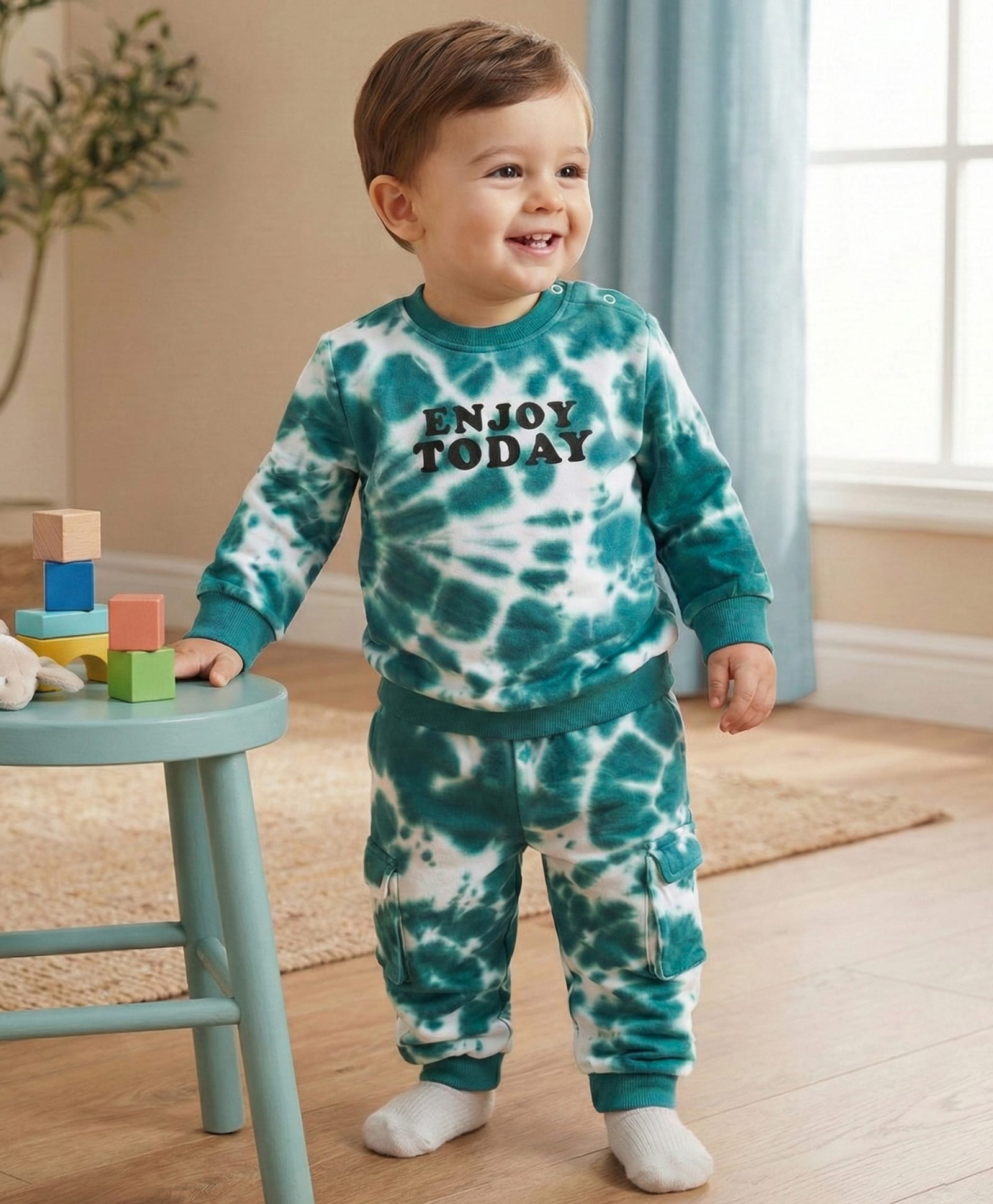 Babyoye 100% Cotton Knit Full Sleeves Tie & Dyed Winter Wear T-Shirt & Pant Set with Text Print & Cargo Pocket Detailing - White & Blue-image-1