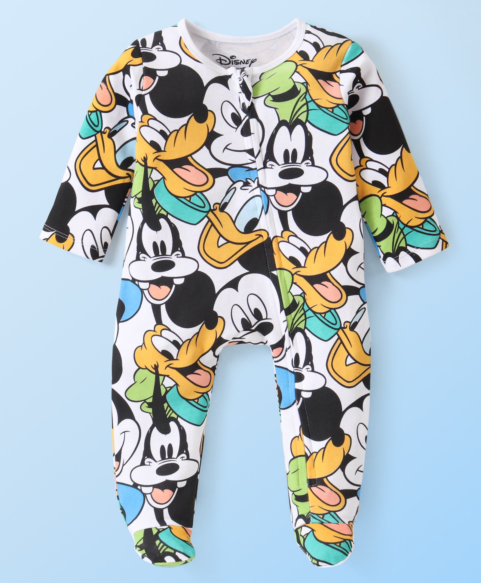 Babyhug Disney 100% Cotton Knit Full Sleeve Sleep Suit with Mickey Mouse Graphics -White-image-34