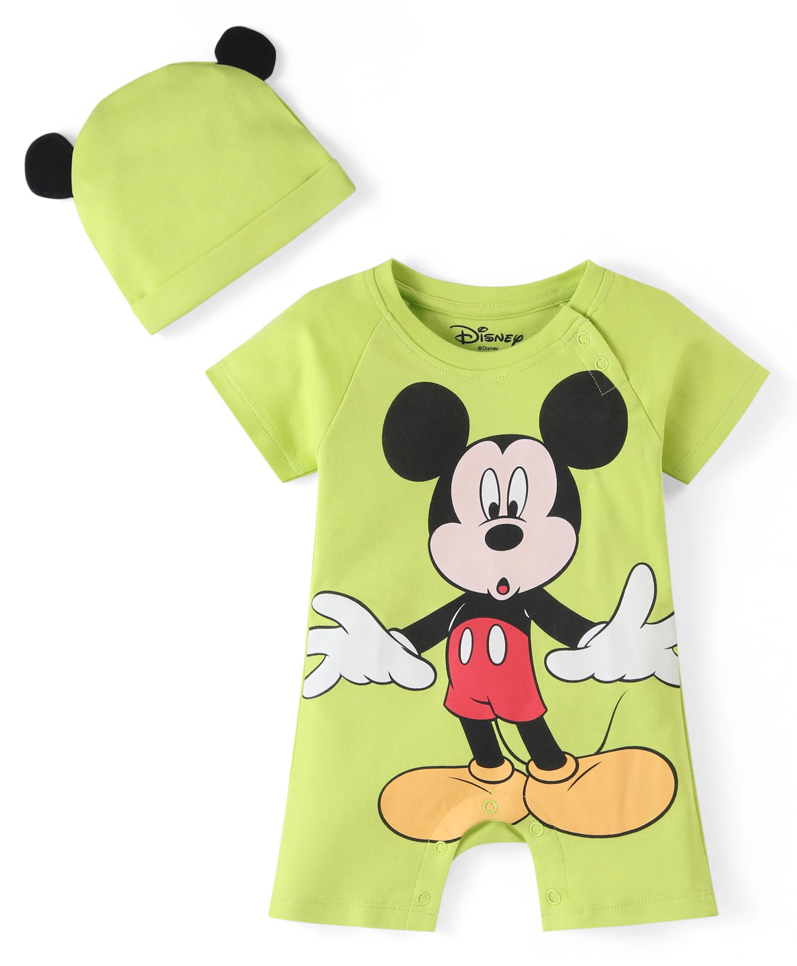Babyhug Disney Interlock Cotton Knit Half Sleeves Romper with Cap & Mickey Mouse Graphics - Green-picture-33