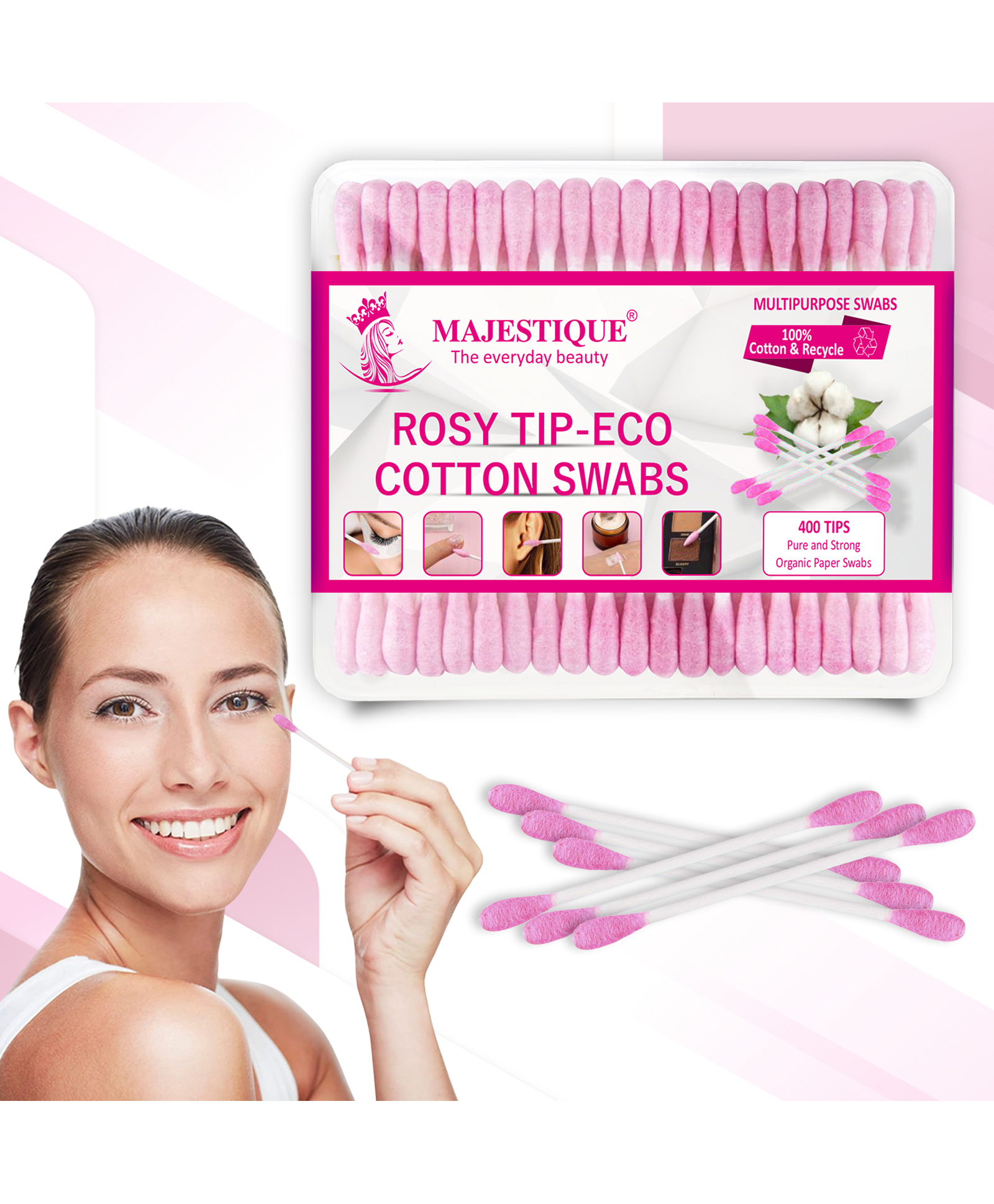 Majestique Rosy Tip Eco Cotton Swabs, Paper-made Sticks, Gentle for Face, Ear, Makeup - 200 pcs-image-28