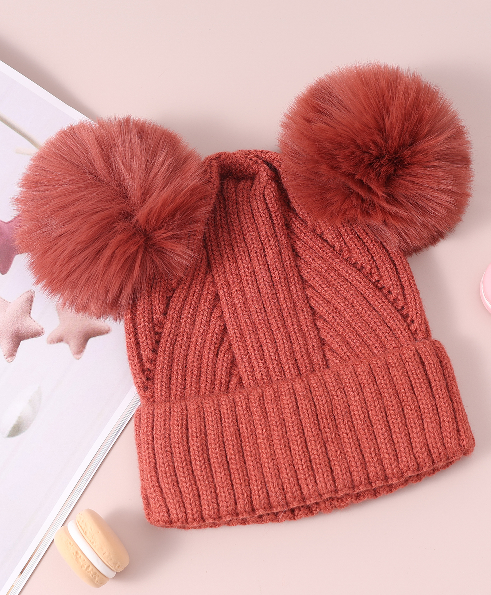 kookie kids Pine Kids Cable Knit Design Woollen Cap with Pom Pom - Dark Pink-picture-15