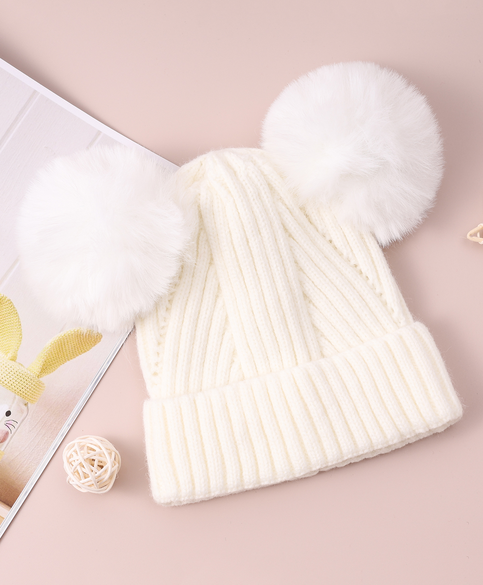 Pine Kids Cable Knit Design Woollen Cap with Pom Pom - White-picture-25
