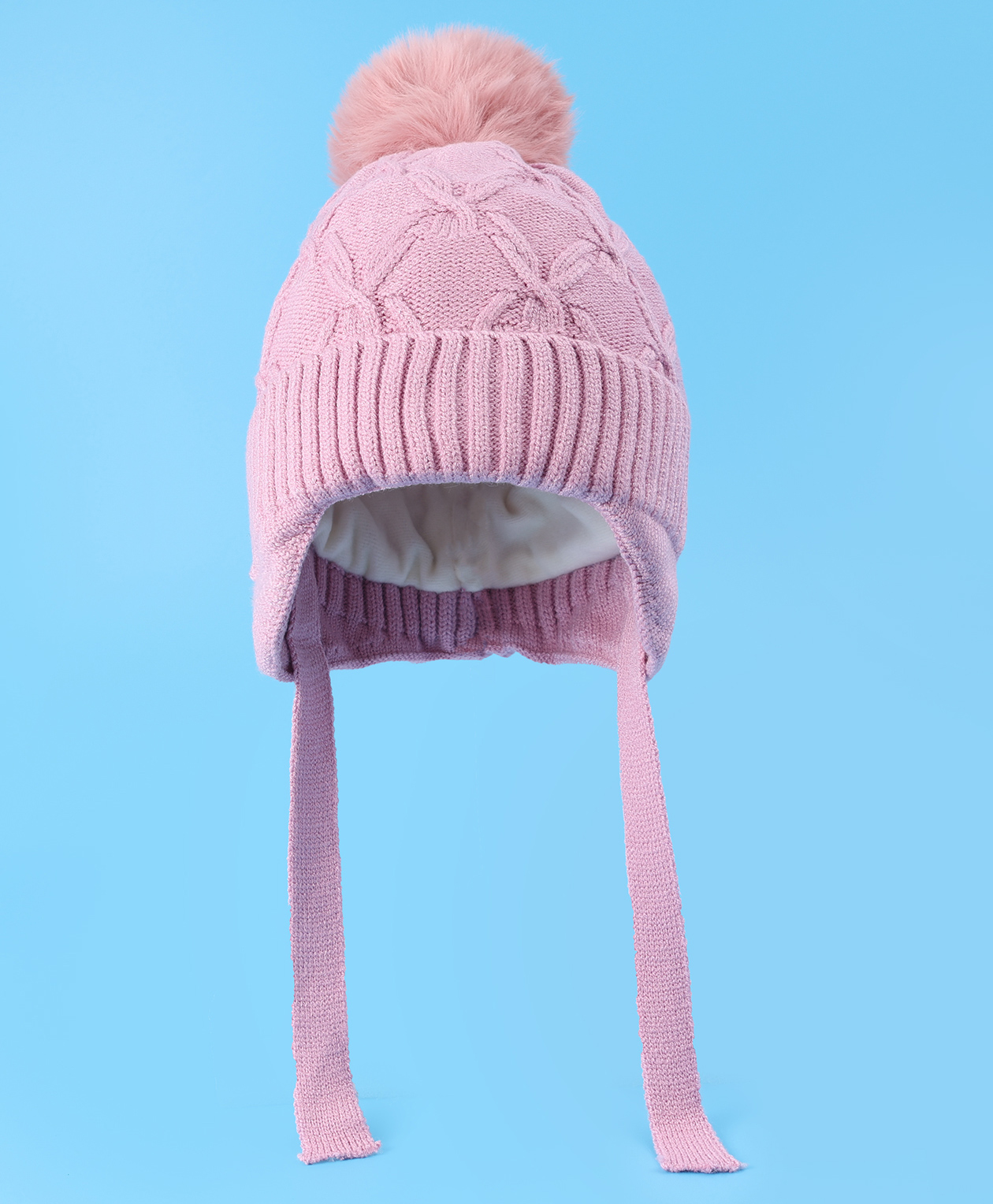 Pine Kids Woollen Cap With Knot With Cable Knit Design & Pom Pom Applique Pink - Diameter 17 cm-image-43