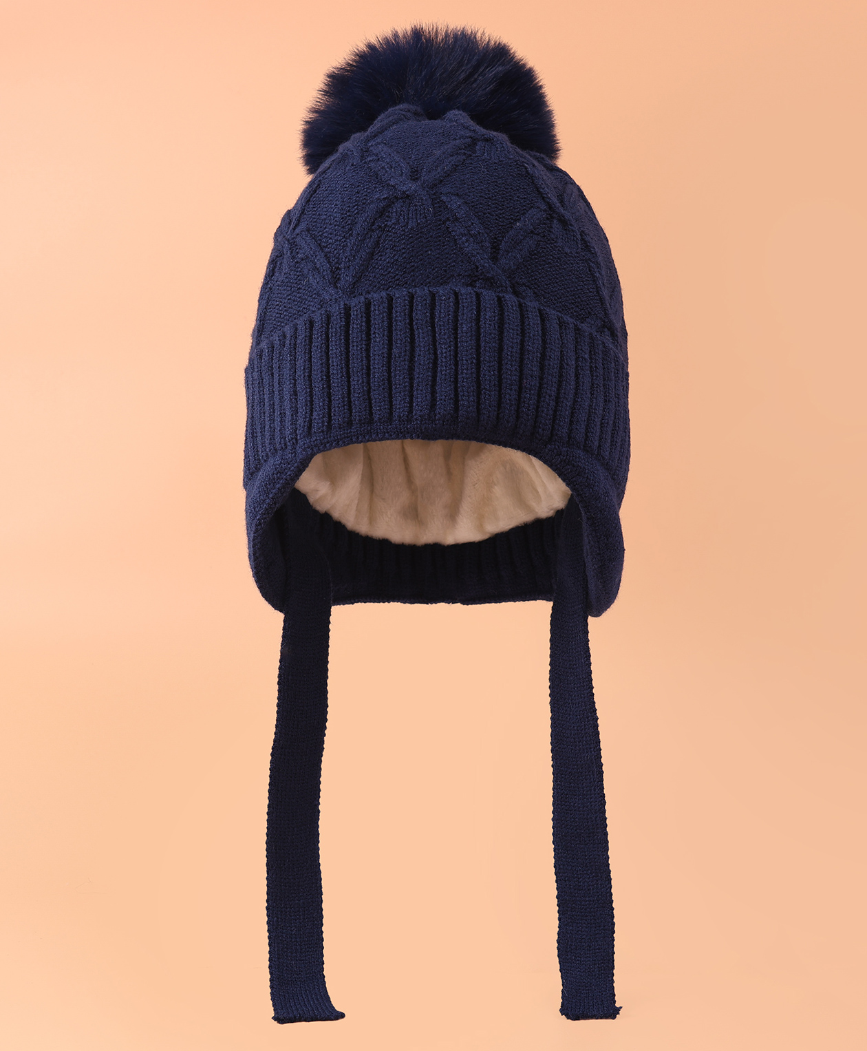 Pine Kids Woollen Cap With Knot With Cable Knit Design & Pom Pom Applique Navy Blue - Diameter 17 cm-picture-22