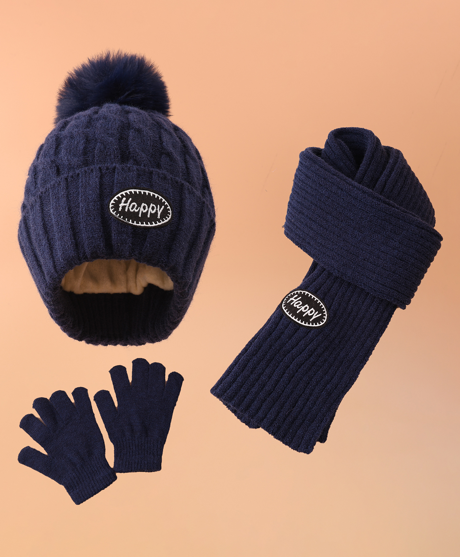 Pine Kids Woollen Cap & Muffler Set With Gloves Navy Blue - Diameter 16 cm-image-28