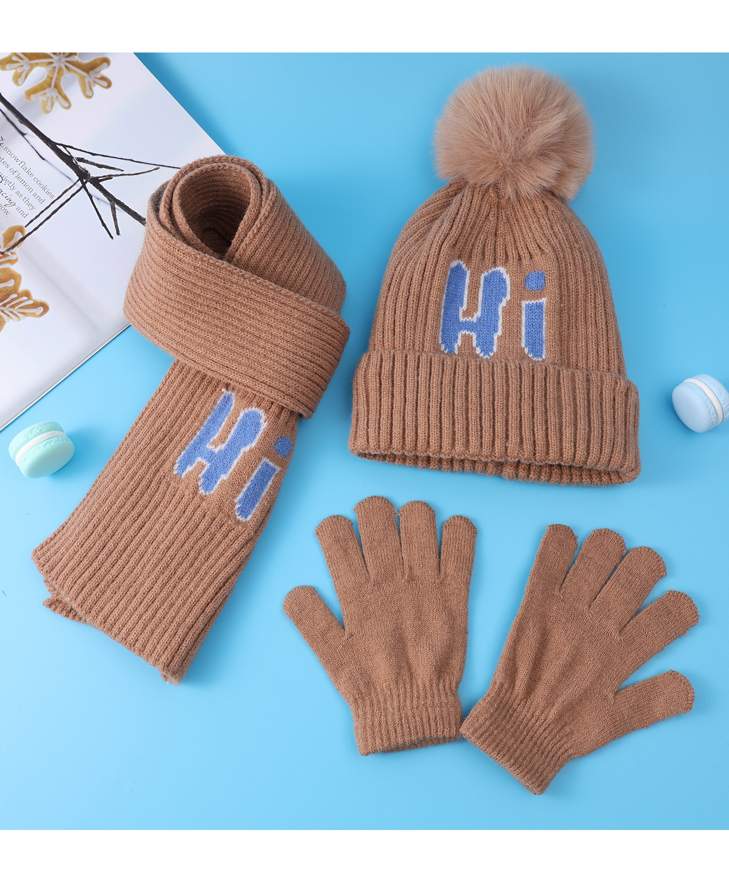 Pine Kids Woolen Pom Pom Applique & Text Design Cap With Muffler & Pair Of Gloves - Brown-image-1