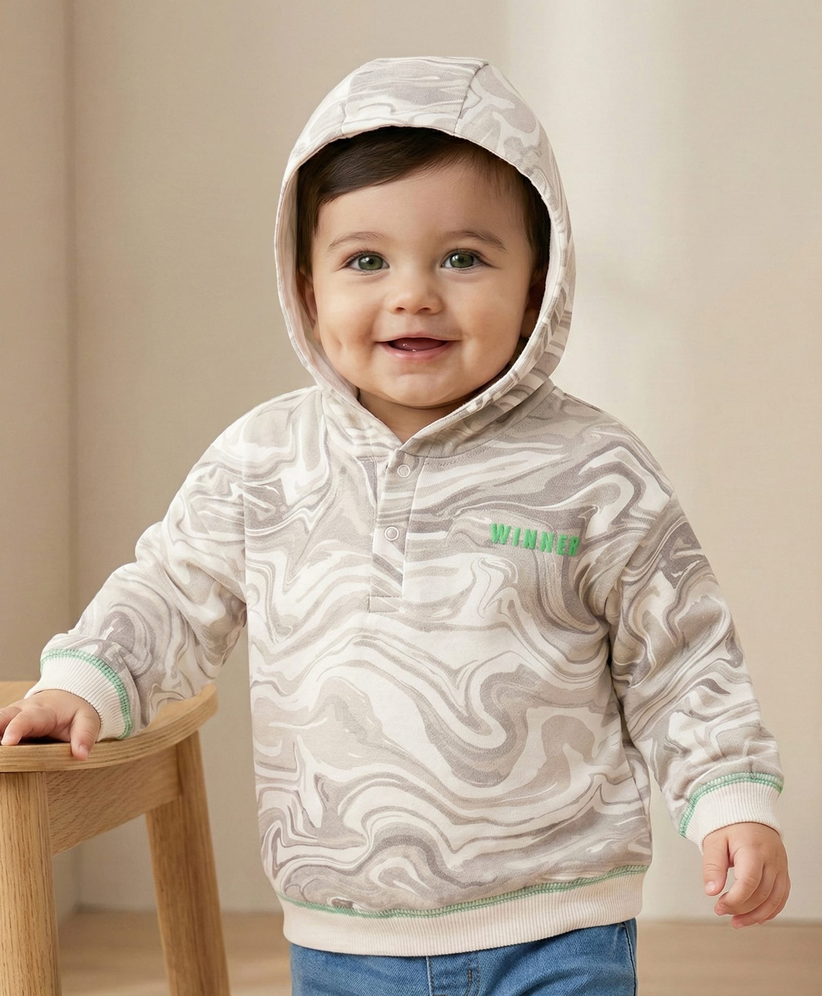 Babyoye 100% Cotton Knit Full Sleeves Hooded Sweatshirt With Marble Design - White-picture-33