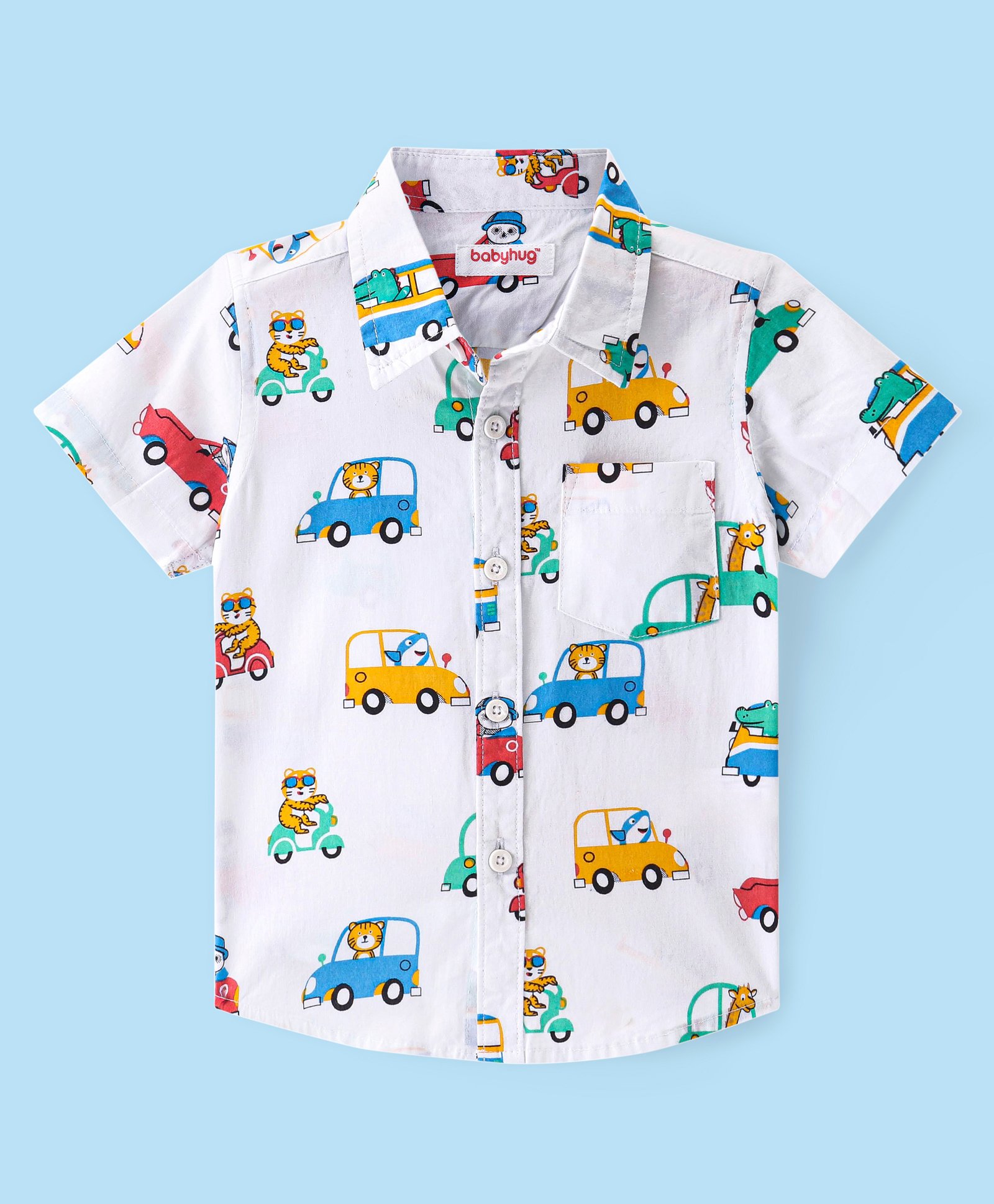 Babyhug Cotton Woven Half Sleeves Regular Collar Shirt With Cars Print - White-image-37