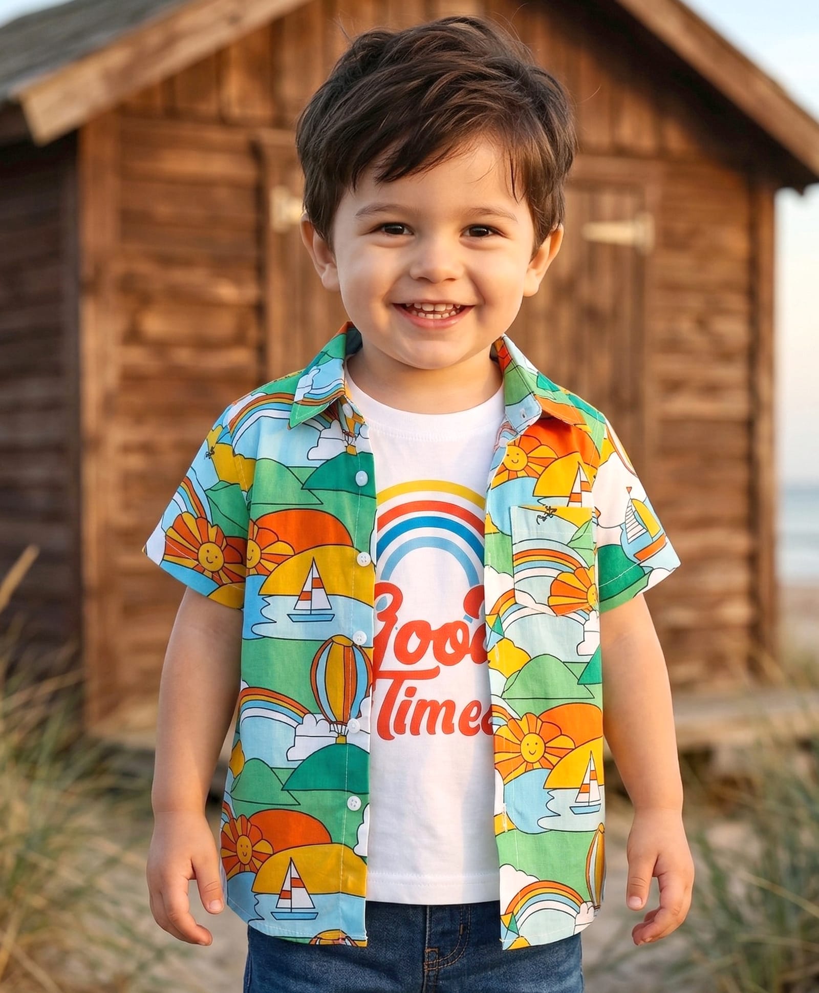 Babyhug Cotton Woven Half Sleeves Sun & Rainbow Printed Shirt with T-Shirt - Multicolour-image-13