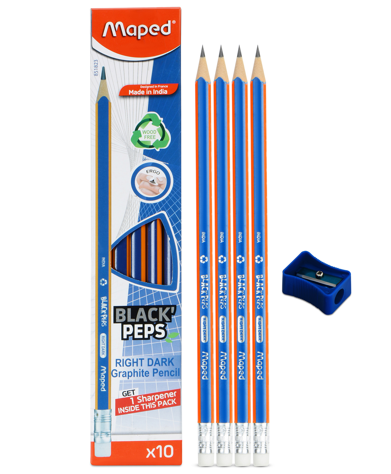 Maped Wood-Free Graphite pencils X10 with a Sharpener - 10 pieces-picture-0