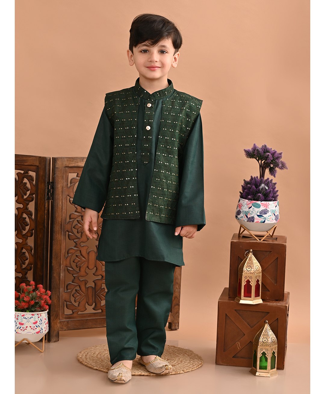 Superminis Full Sleeves Sequin Embellished Kurta & Pyjama Set With Jacket - Dark Green-picture-10