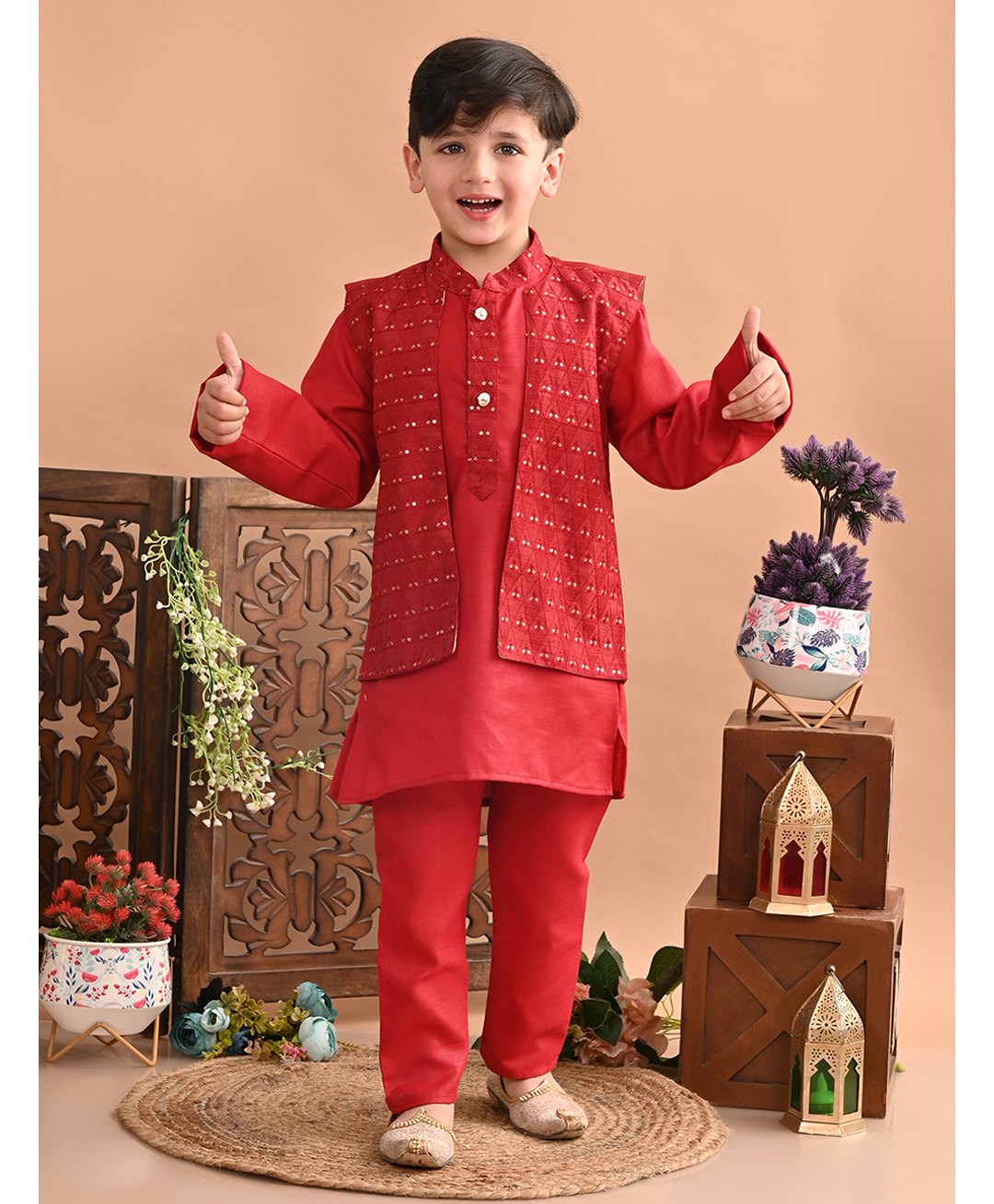 Superminis Full Sleeves Sequin Embellished Kurta & Pyjama Set With Jacket - Maroon-image-28