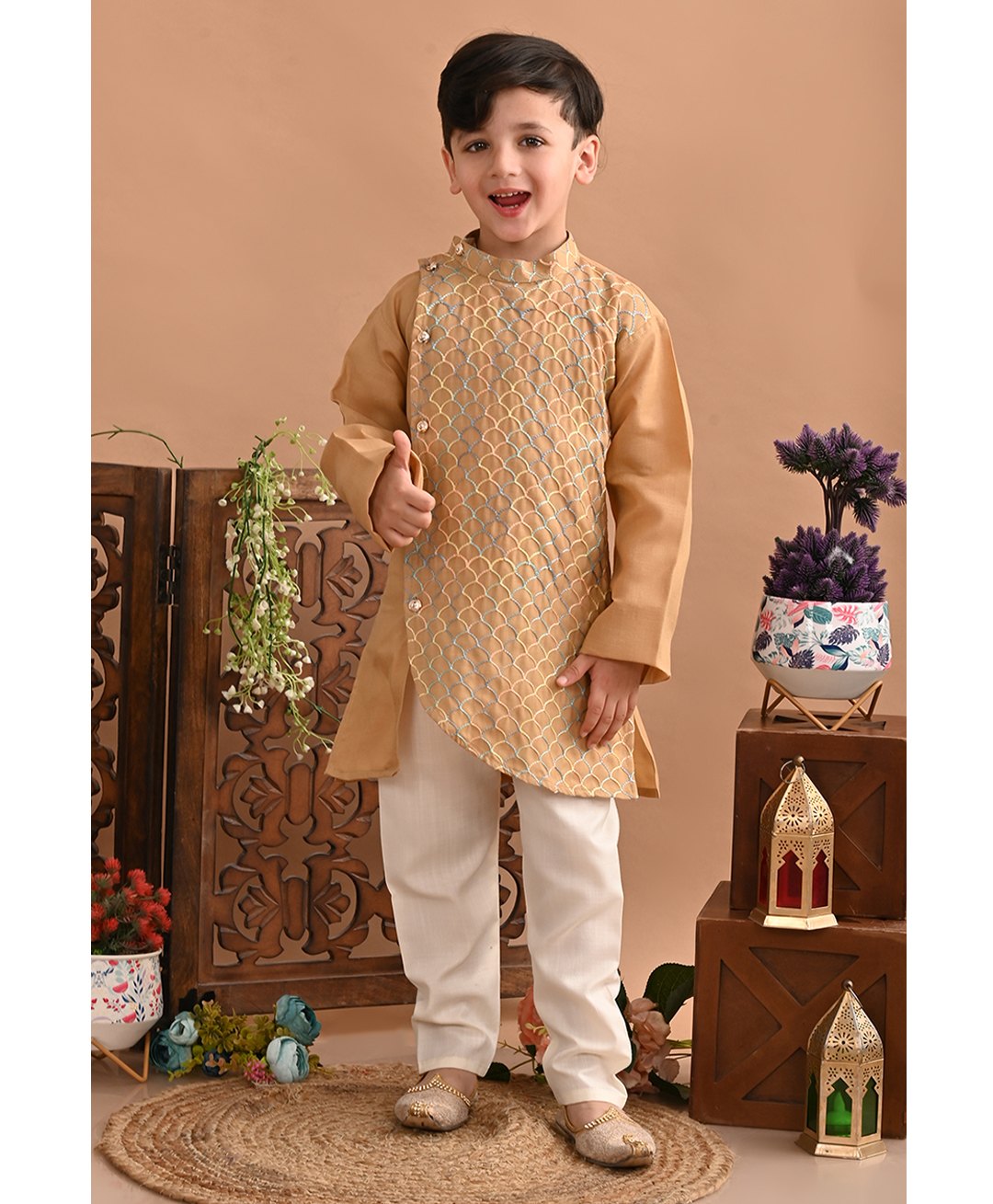 Superminis Full Sleeves Self Designed Embroidered Kurta & Pyjama Set - Beige-picture-18