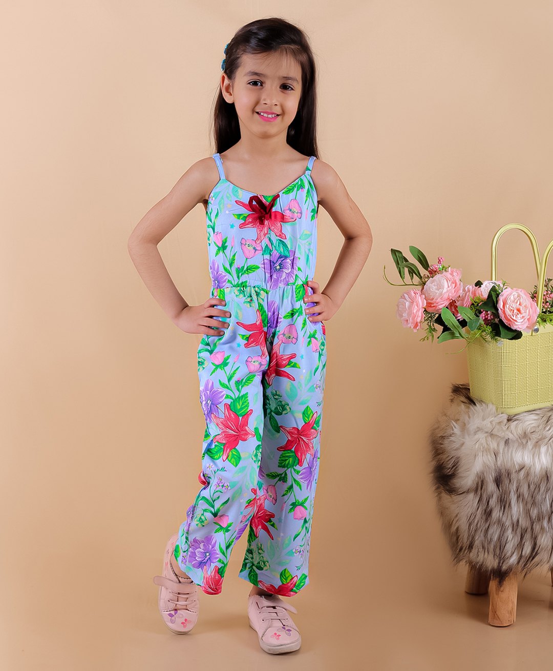 Superminis Sleeveless Floral Printed & Applique Detailed Jumpsuit - Blue-image-10