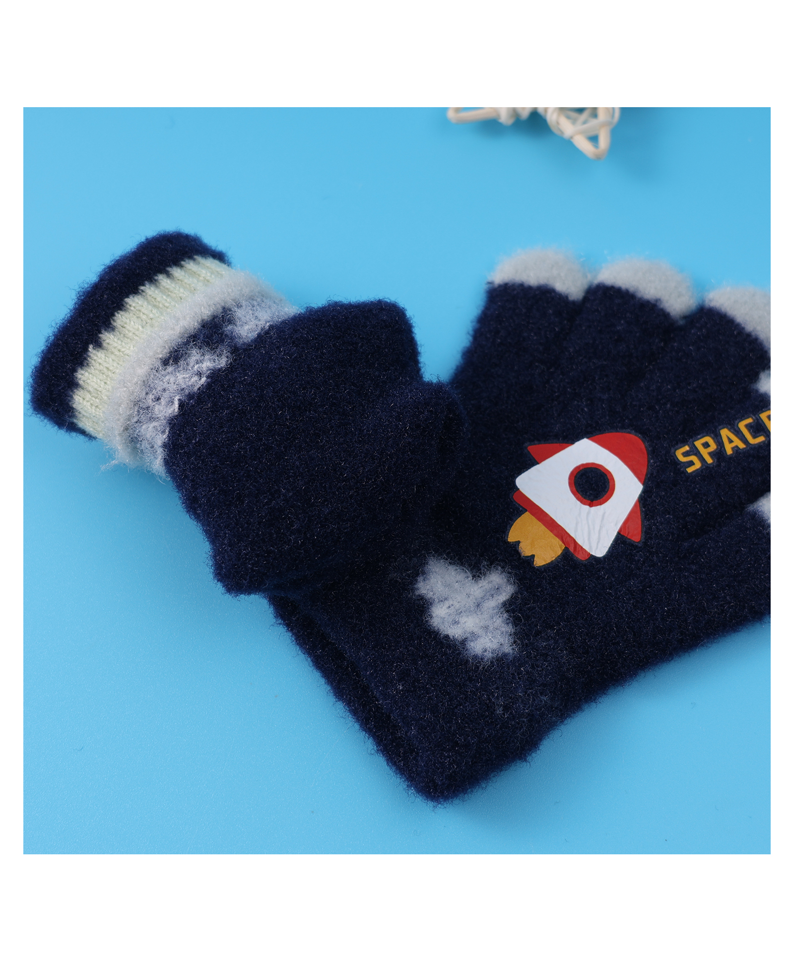 Babyhug Woollen Gloves with Rocket Print - Navy