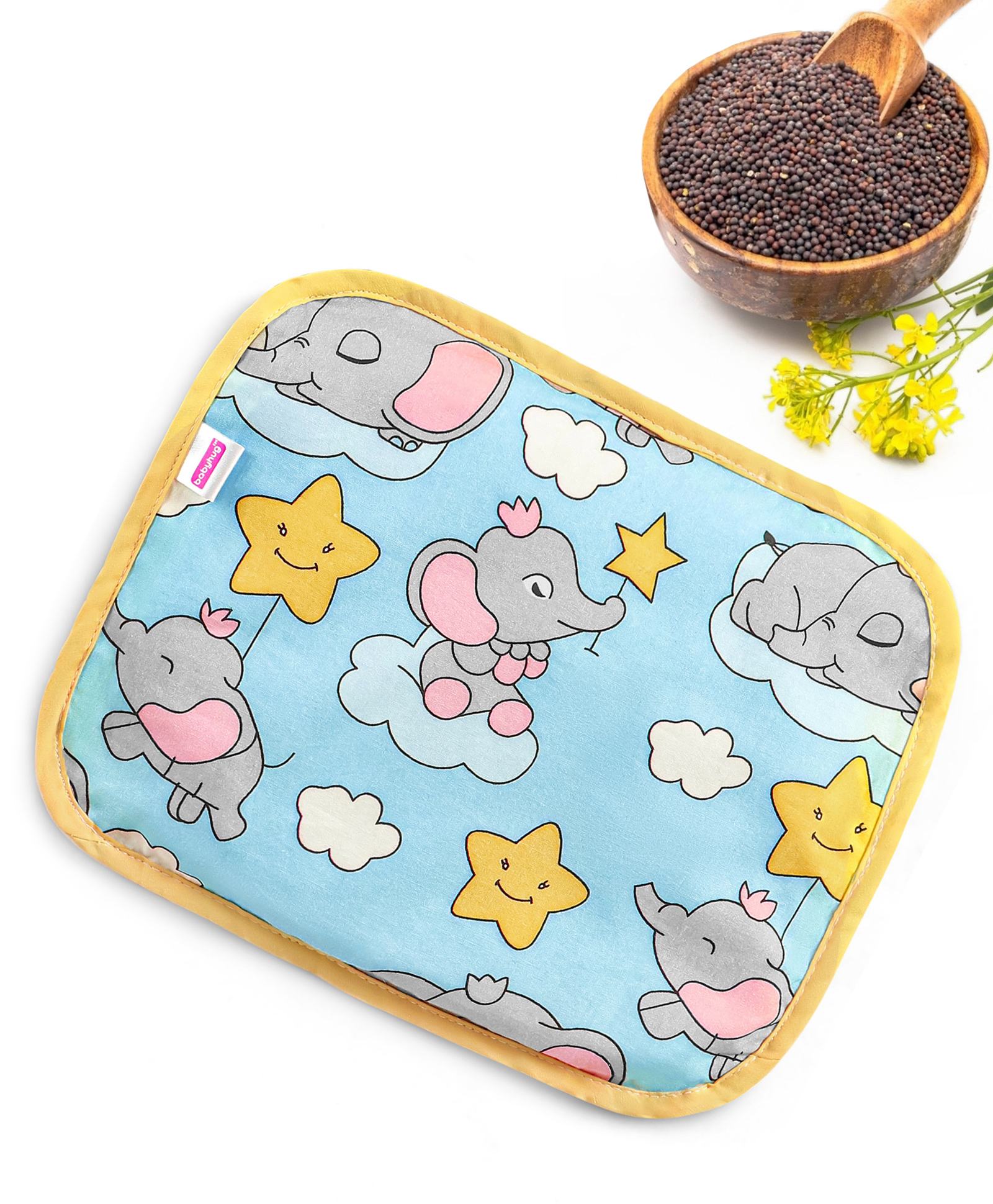 Babyhug Head Shaping Mustard Seed Rai Pillow With Elephant Print - Blue