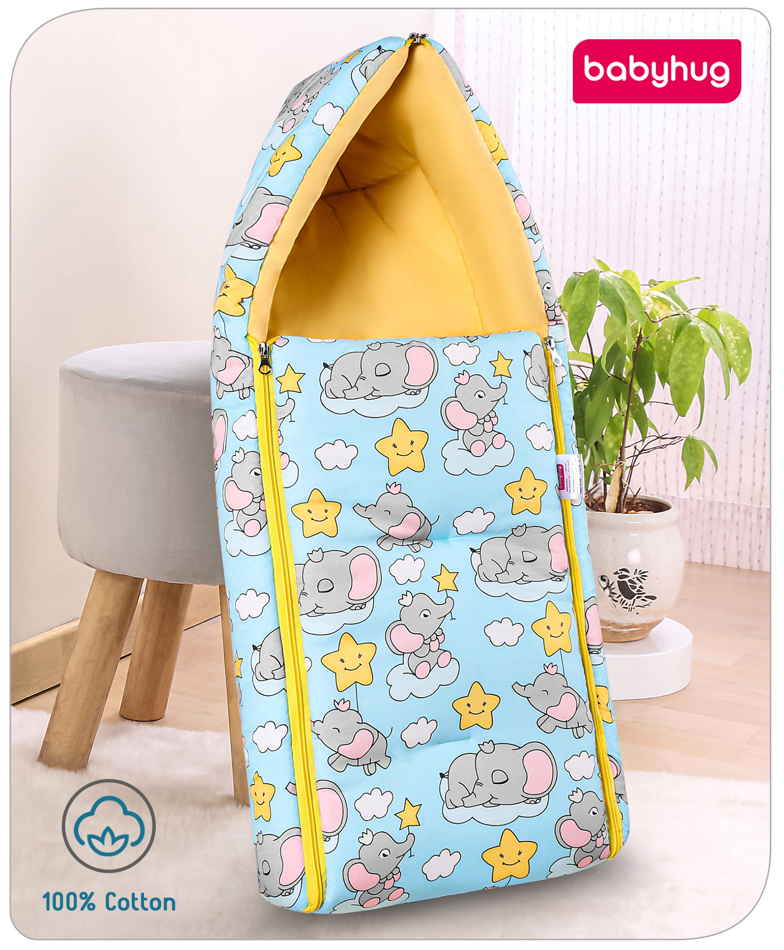 Babyhug Cotton Sleeping Bag Cum Carry Nest Elephant Print- Blue-image-35