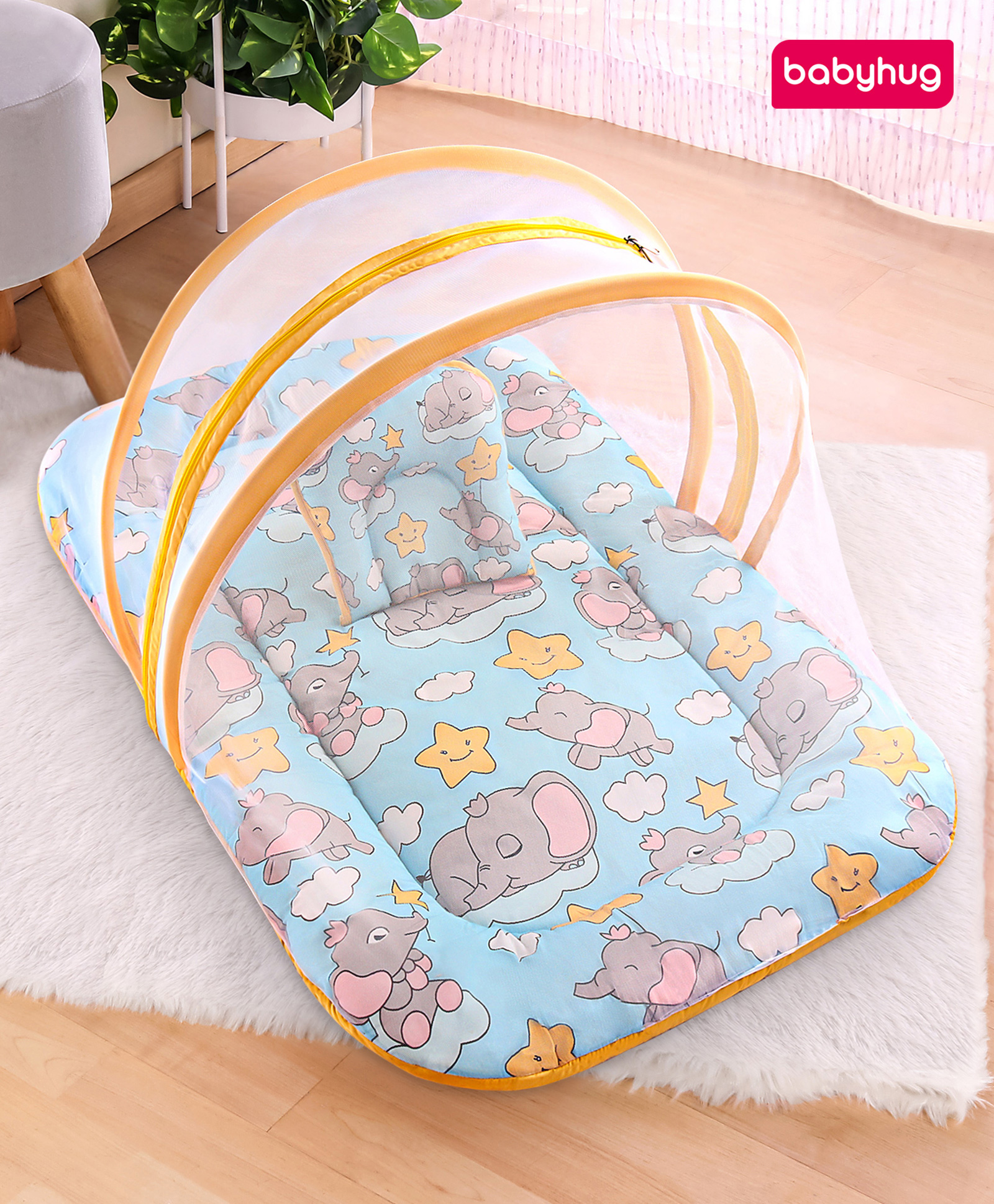 Babyhug Cotton Mattress Set with Mosquito Net Elephant Print - Blue