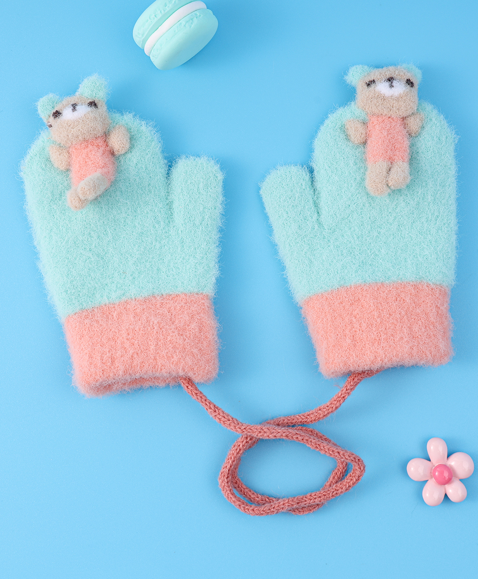 Babyhug Woollen Gloves with Bear Applique - Light Green