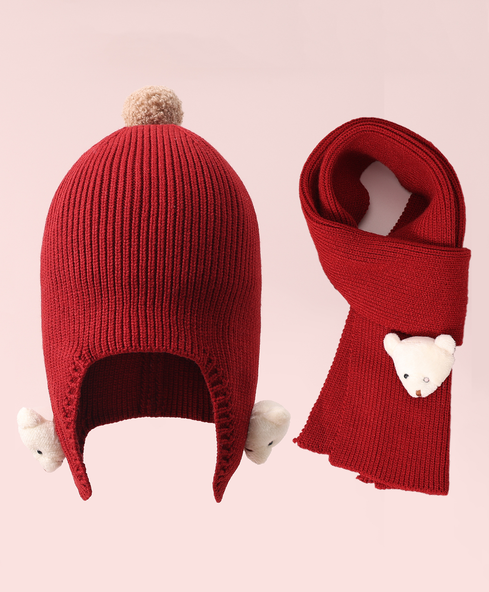 Babyhug Woollen Cap & Muffler Set with Bear Applique - Maroon-image-26