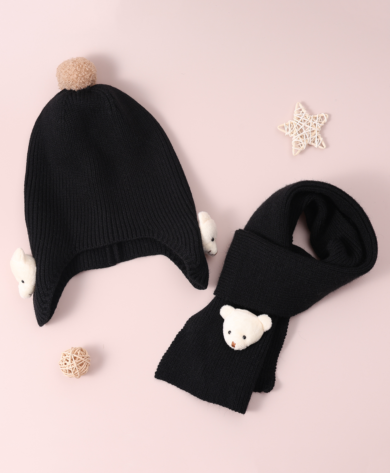 Babyhug Woollen Cap & Muffler Set with Bear Applique - Black-picture-23