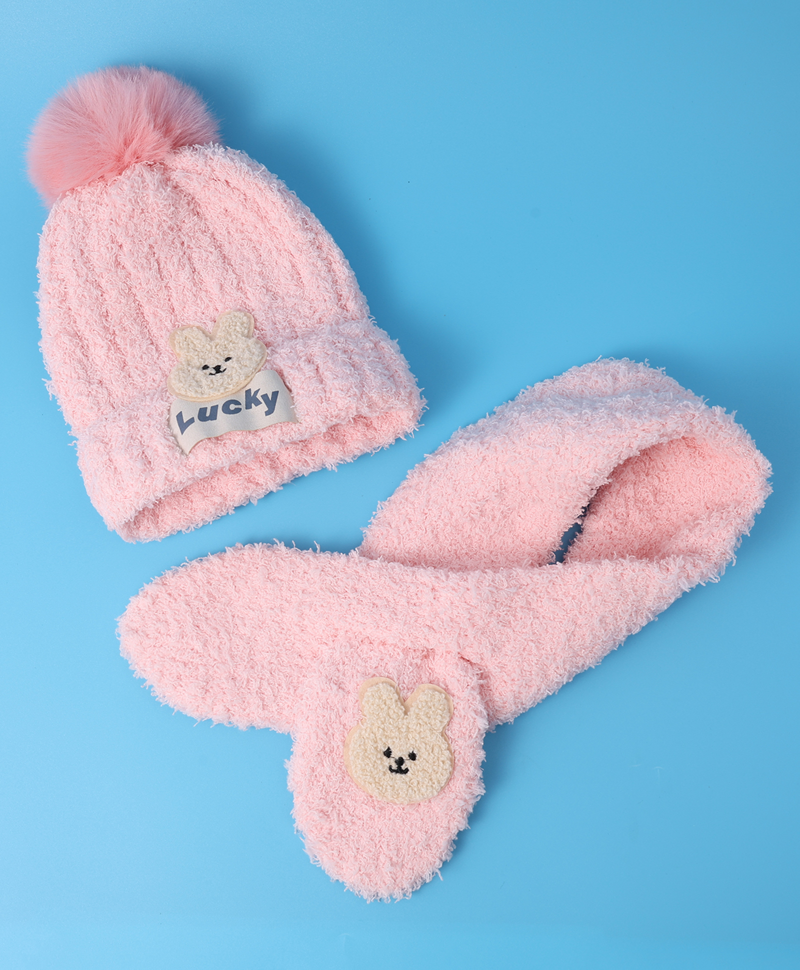 Babyhug Woollen Cap & Muffler Set with Bear Applique & Pom Pom Detailing  - Light Pink-image-43