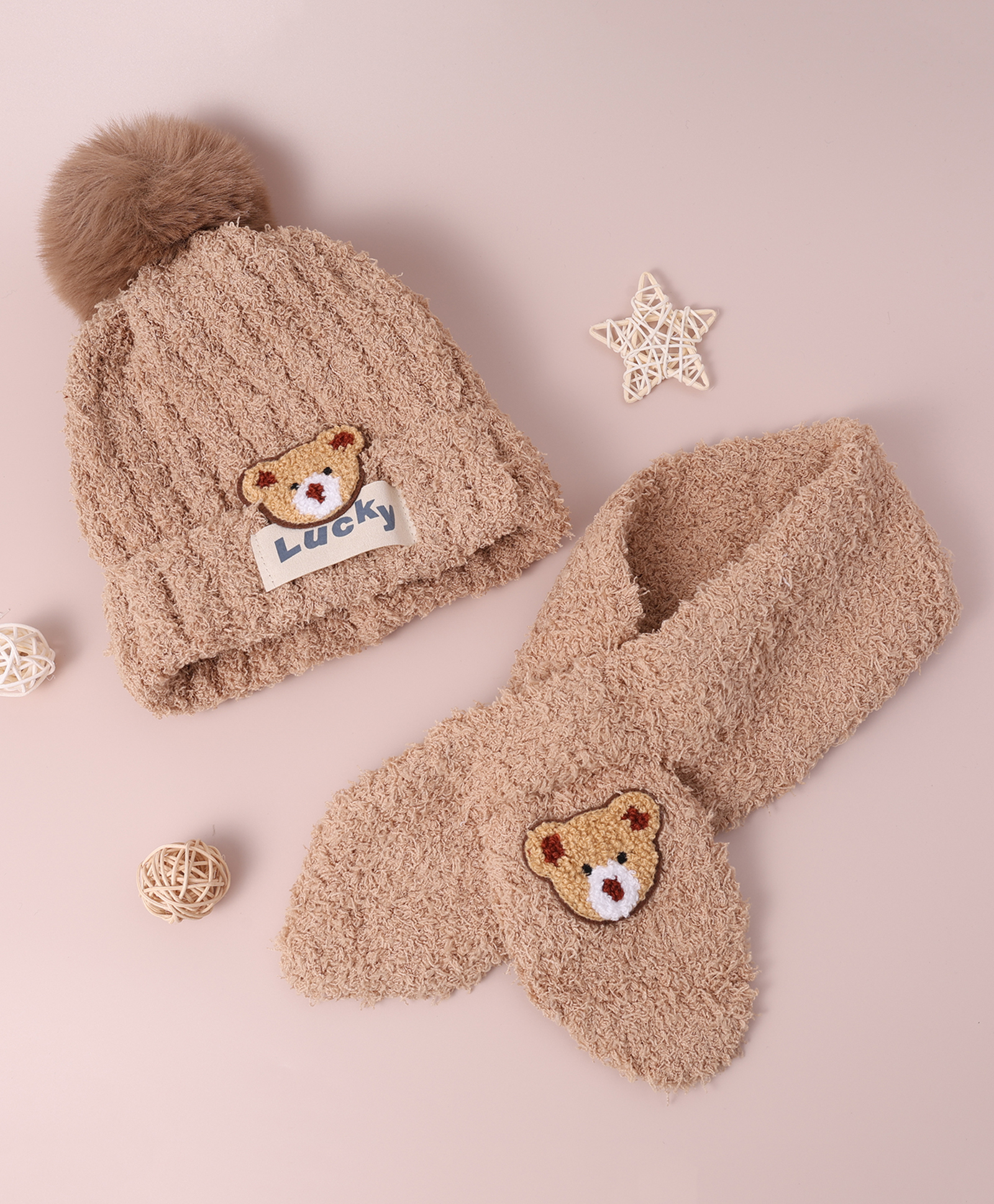 Babyhug Woollen Cap & Muffler Set with Bear Applique & Pom Pom Detailing  - Light Brown-image-24