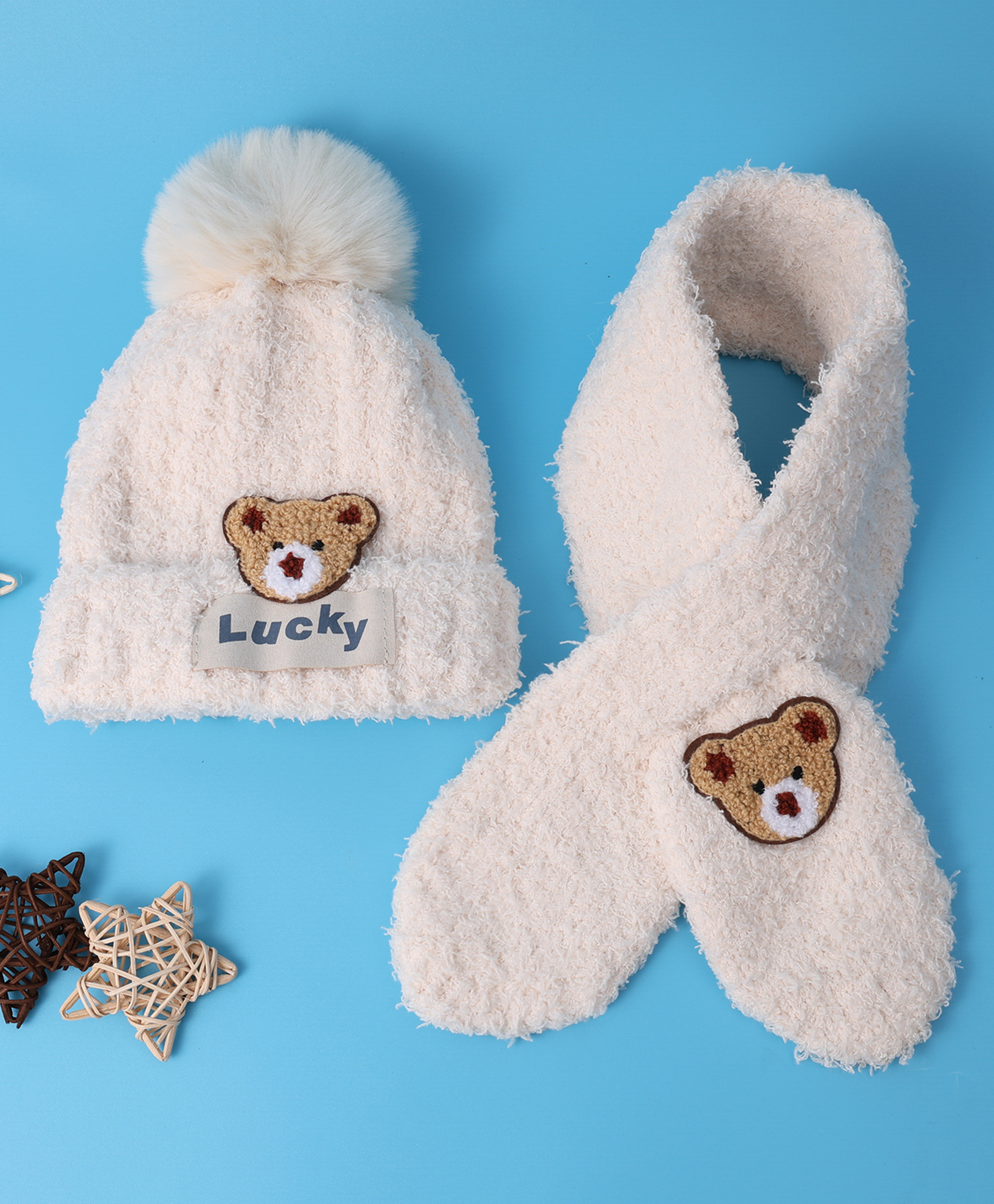 Babyhug Woollen Cap & Muffler Set with Bear Applique & Pom Pom Detailing  - Light Beige-image-23