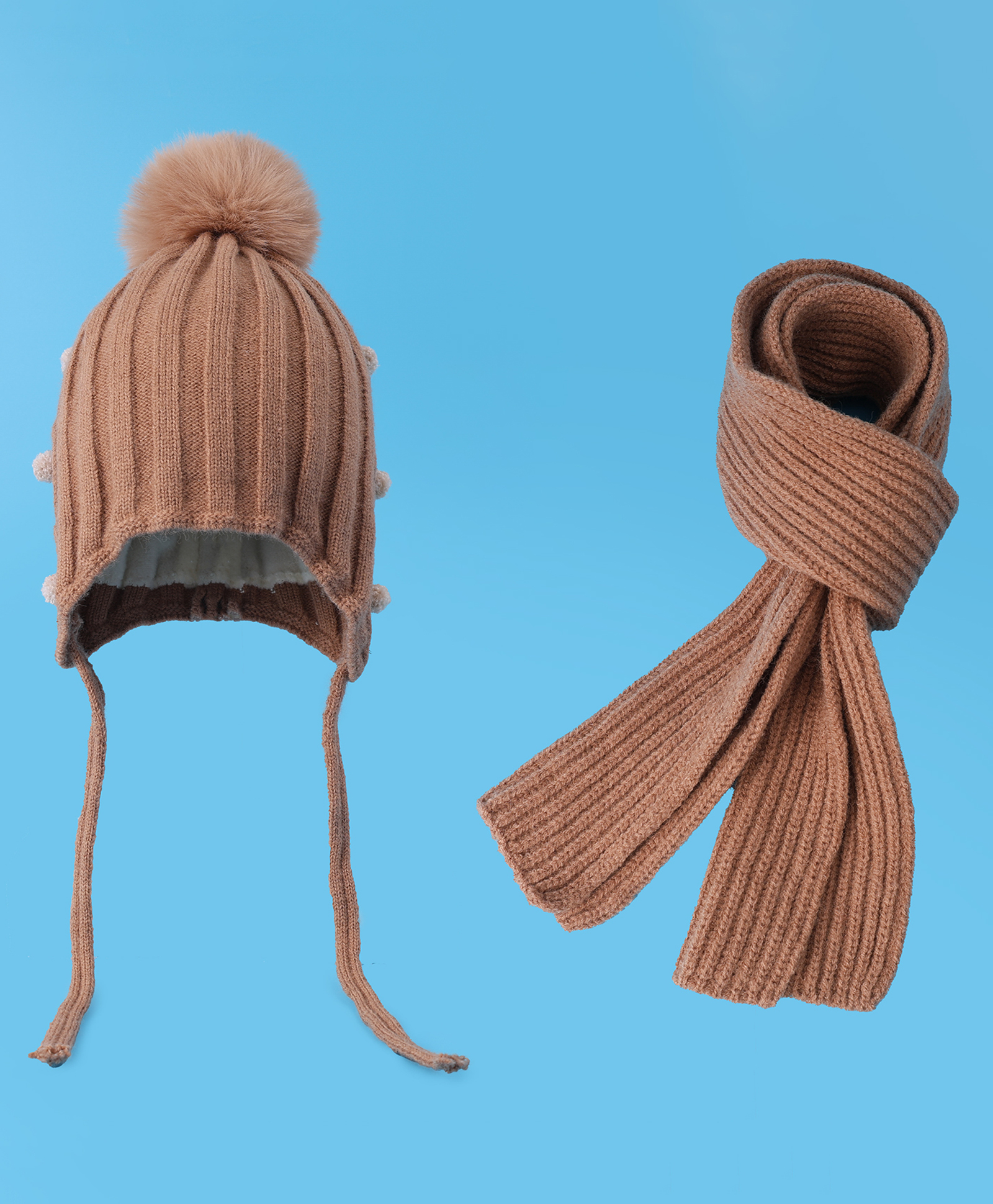 Pine Kids Woolen Cap & Muffler Set with Pom Pom - Brown-image-36