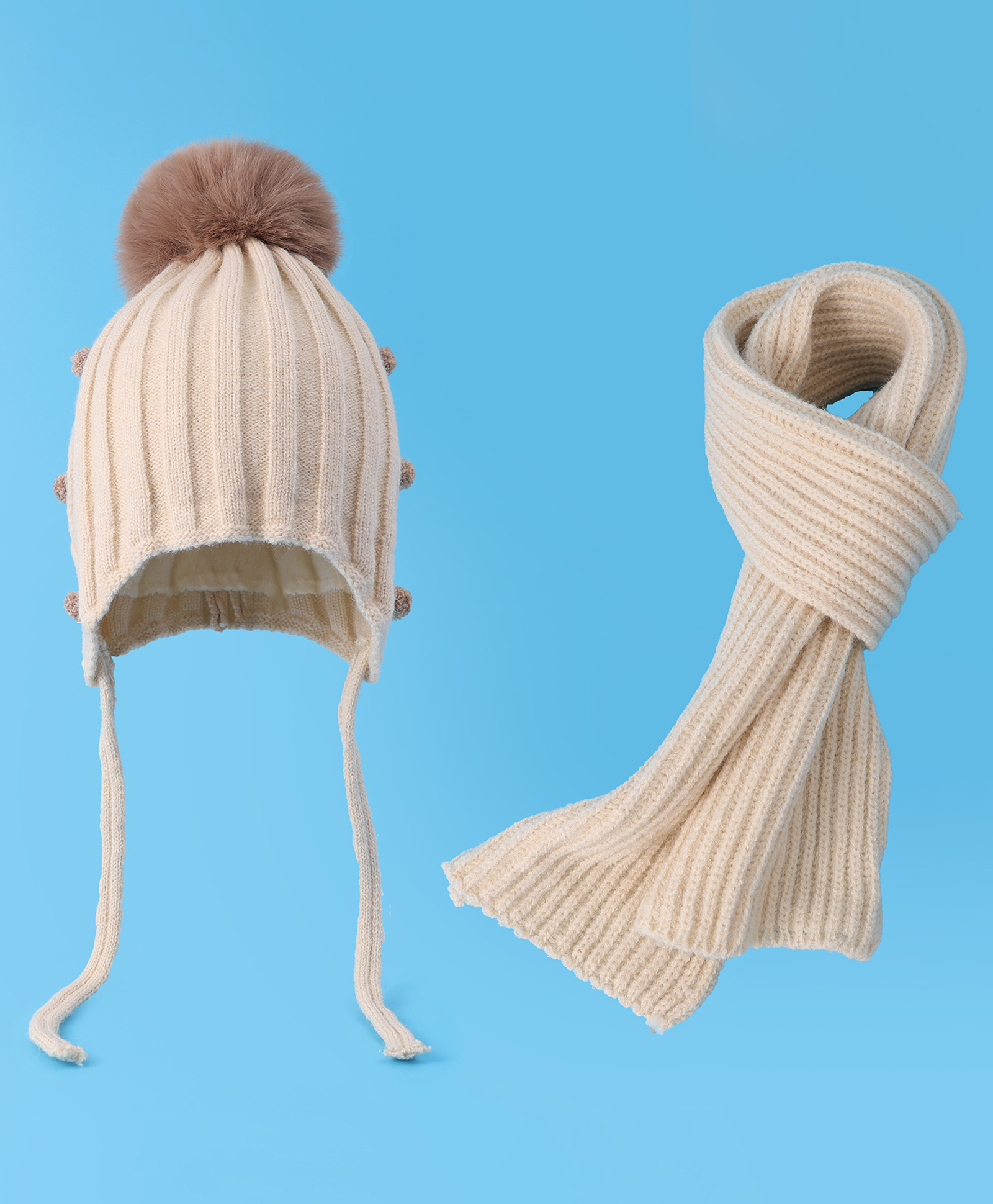 Pine Kids Woolen Cap & Muffler Set with Pom Pom - Beige-image-40