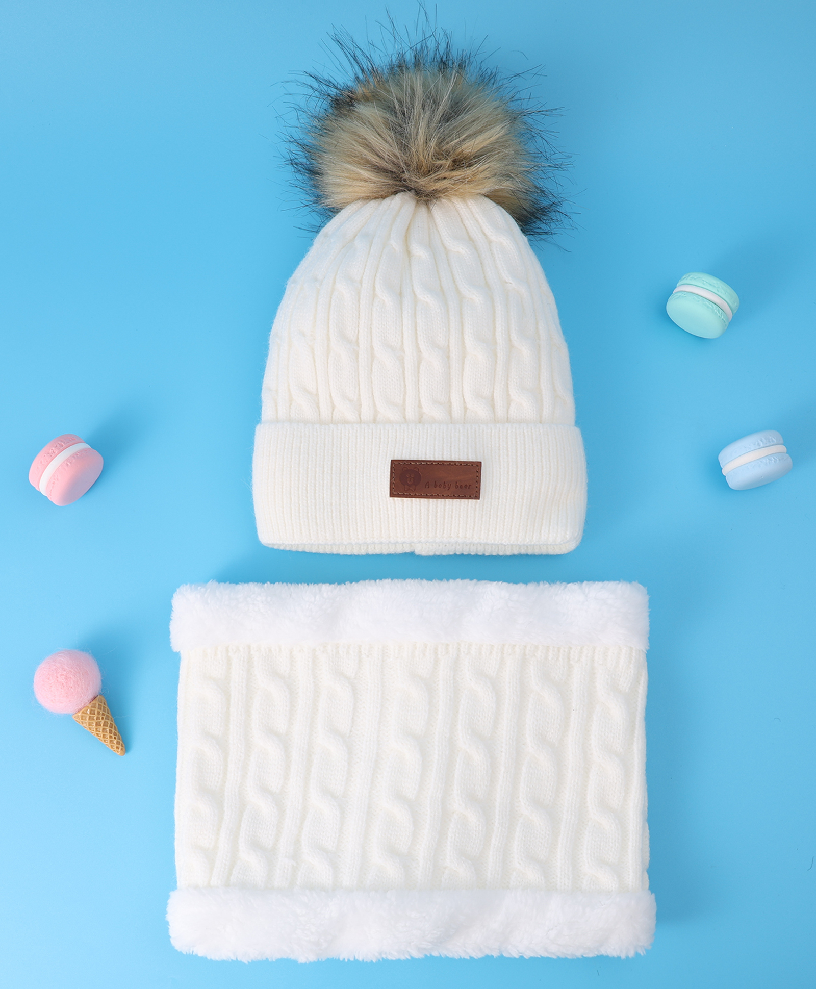 Pine Kids Woollen Cap & Ear Muffs With Cable Knit Design White - Diameter 16 cm-picture-25