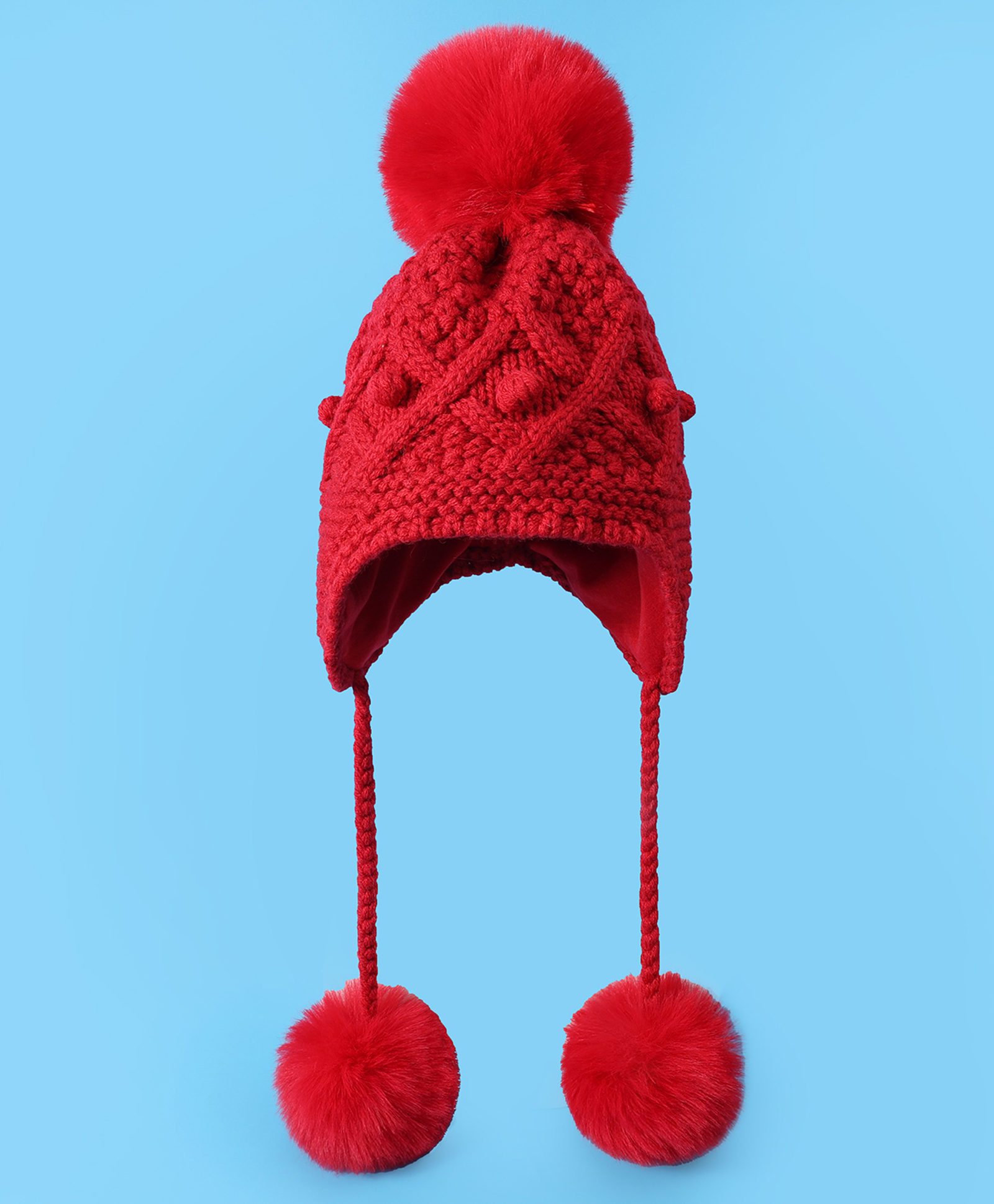 kookie kids Pine Kids Cable Knit Pom Pom Woollen Cap with Knot - Red-picture-27