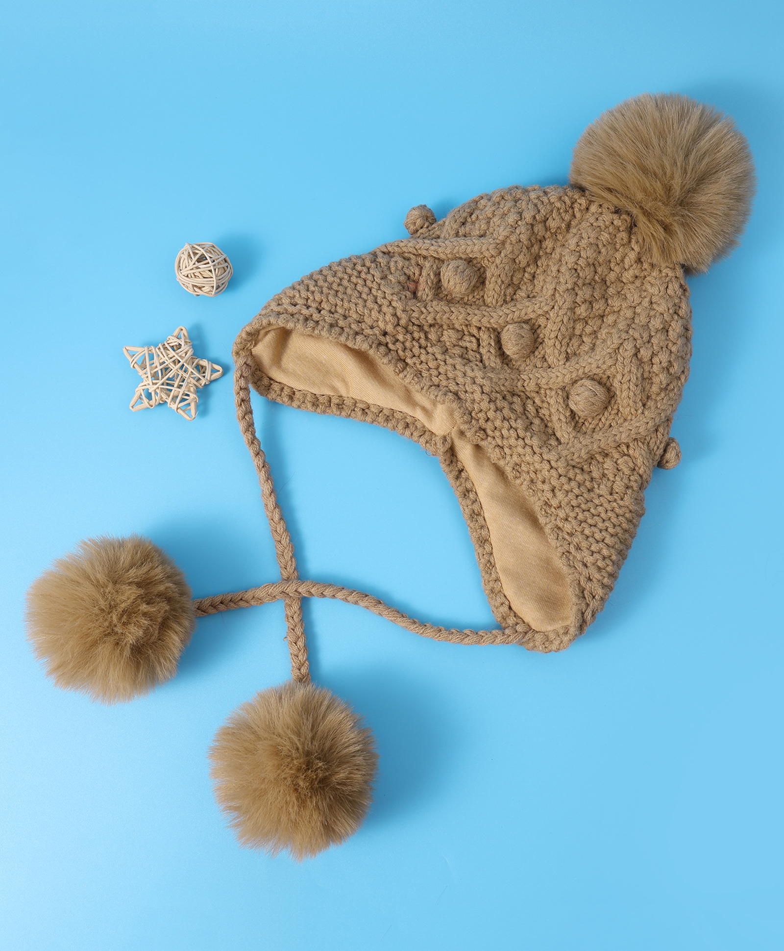 Pine Kids Cable Knit Pom Pom Woollen Cap with Knot - Light Brown-picture-26