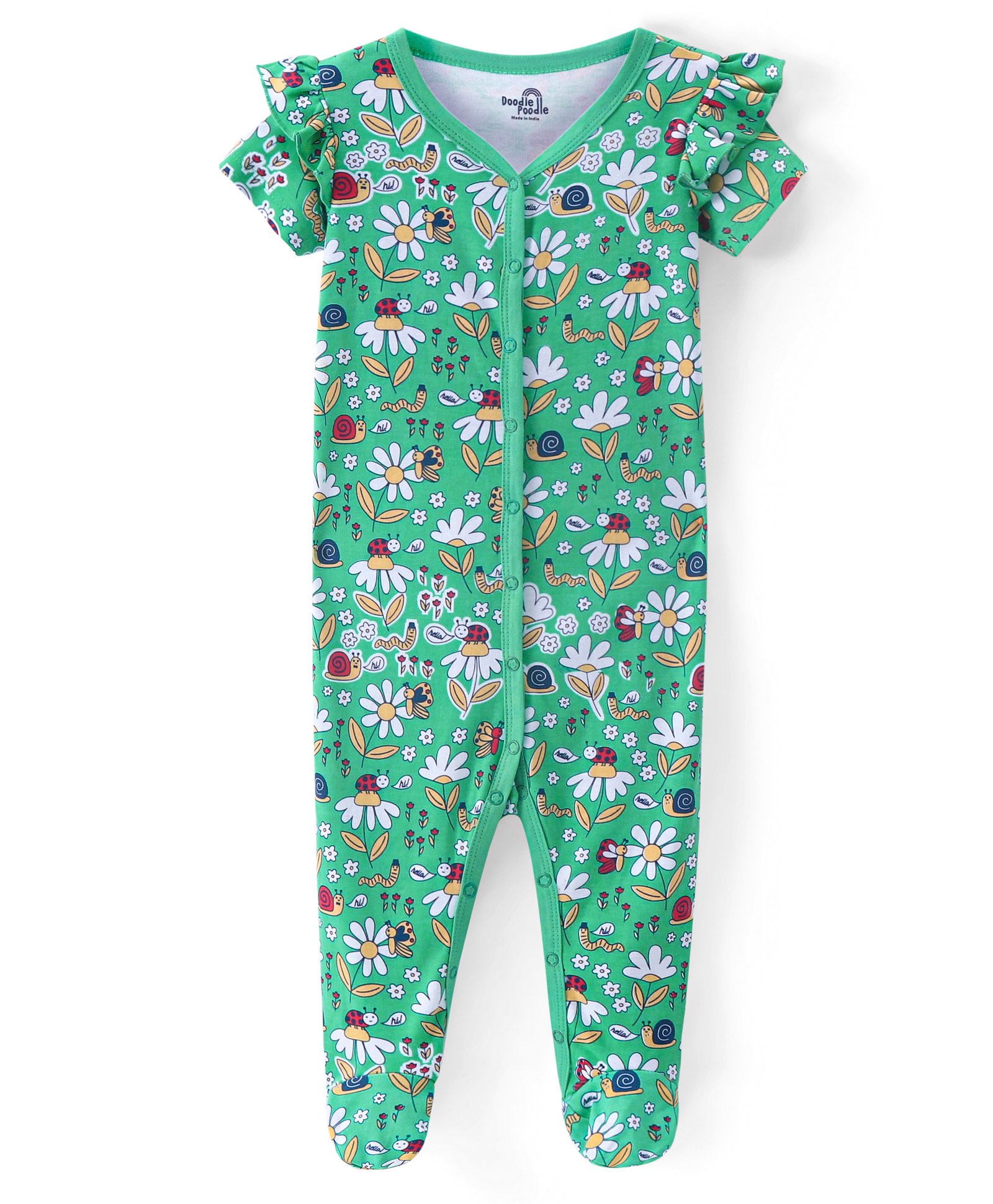Doodle Poodle Cotton Knit Half Sleeves Footed Sleep Suit With Frill Detailing & Floral Print - Green-picture-36