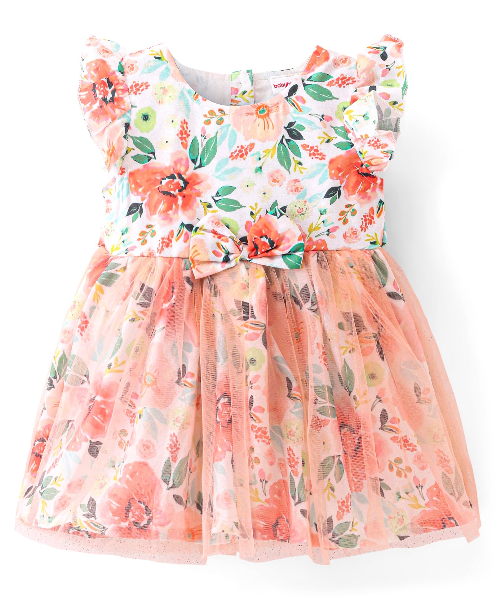 Babyhug Woven Frill Sleeves Frock with Bow Applique & Floral Print - White-image-4