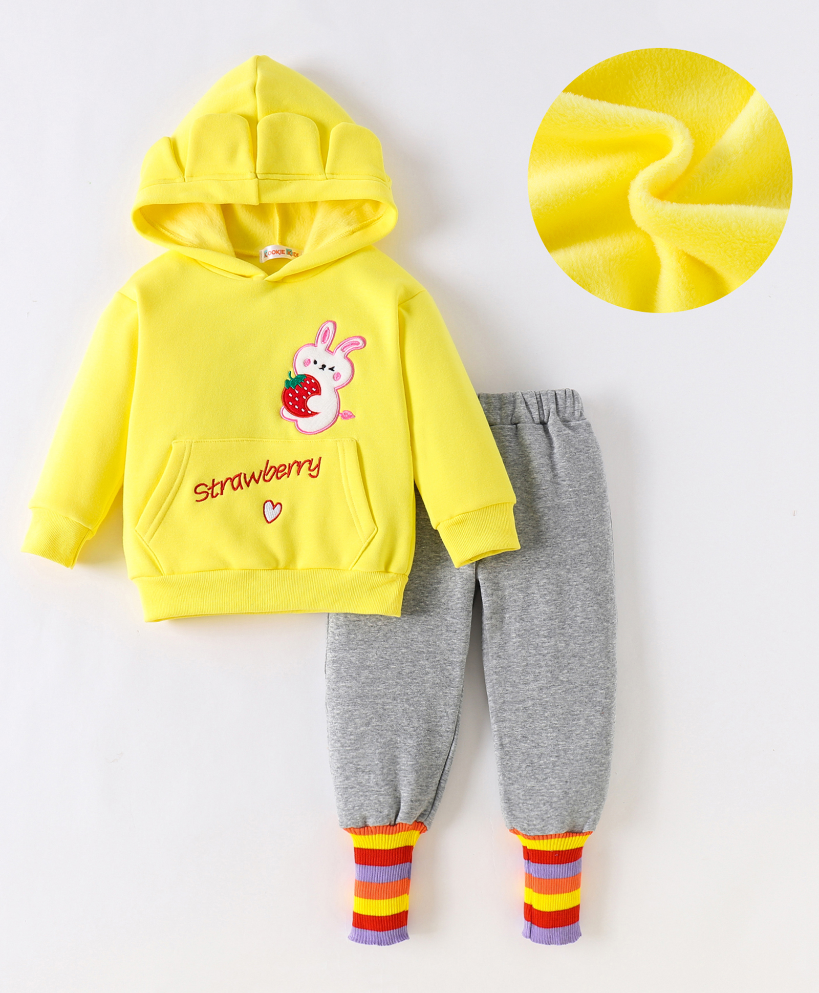 Kookie Kids Full Sleeves Hooded Winter Wear Suit With Bunny & Strawberry Applique - Yellow-image-40