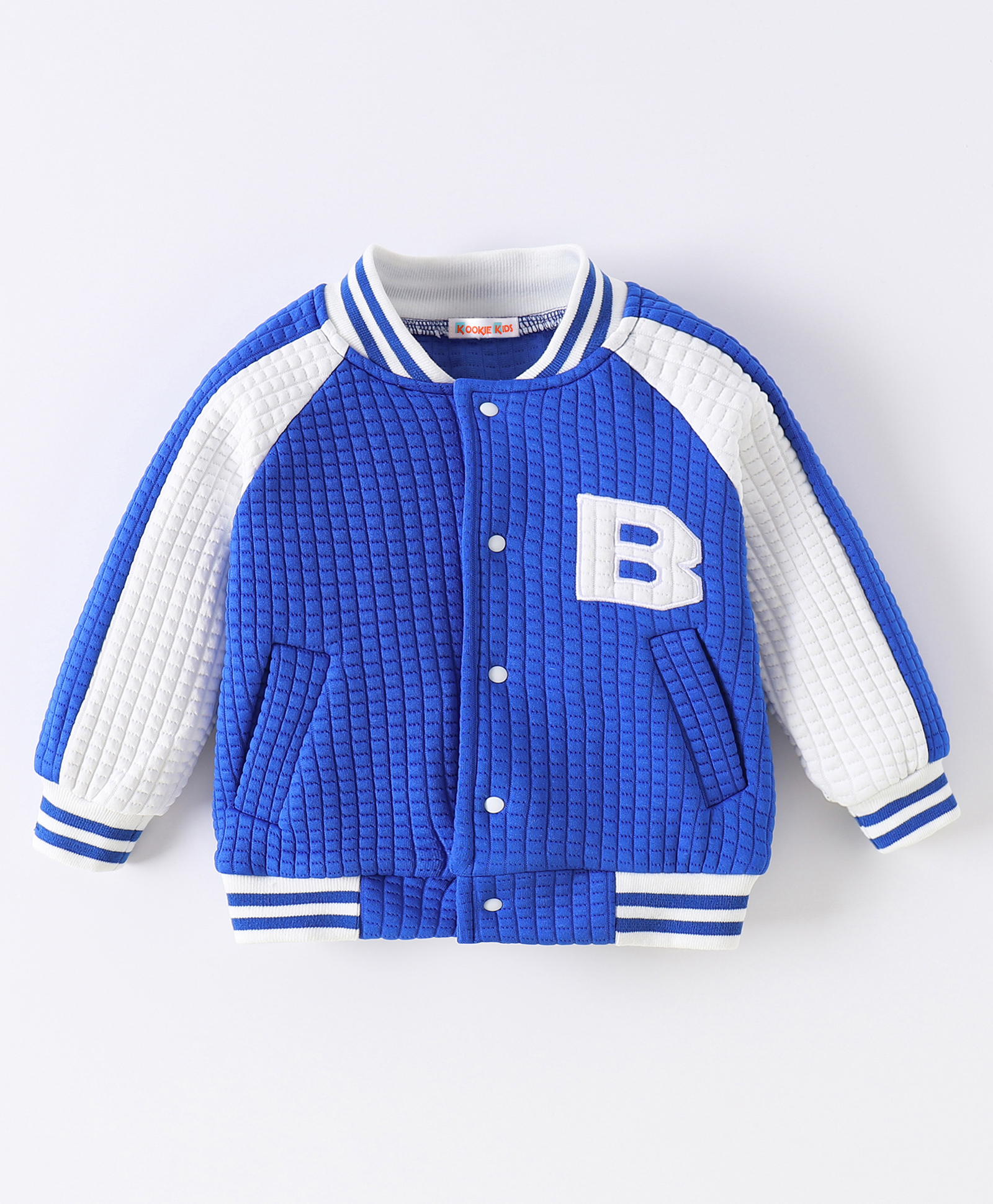 Kookie Kids Full Raglan Sleeves Bomber Jacket with Quilted Design & Alphabet Patch Detailing - Blue-image-7
