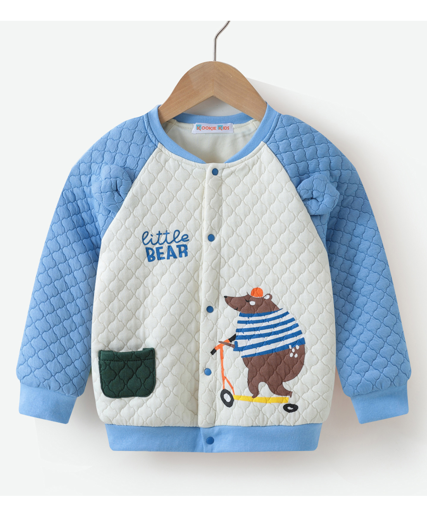 Kookie Kids Full Raglan Sleeves Bomber Jacket with Bear Print - Blue-image-4
