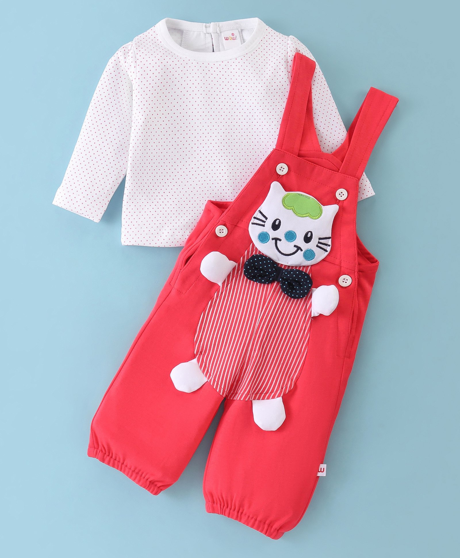 Wow Clothes Cotton Knit Kitty Applique Dungaree with Full Sleeves Polka Dot T-Shirt - Red-image-2