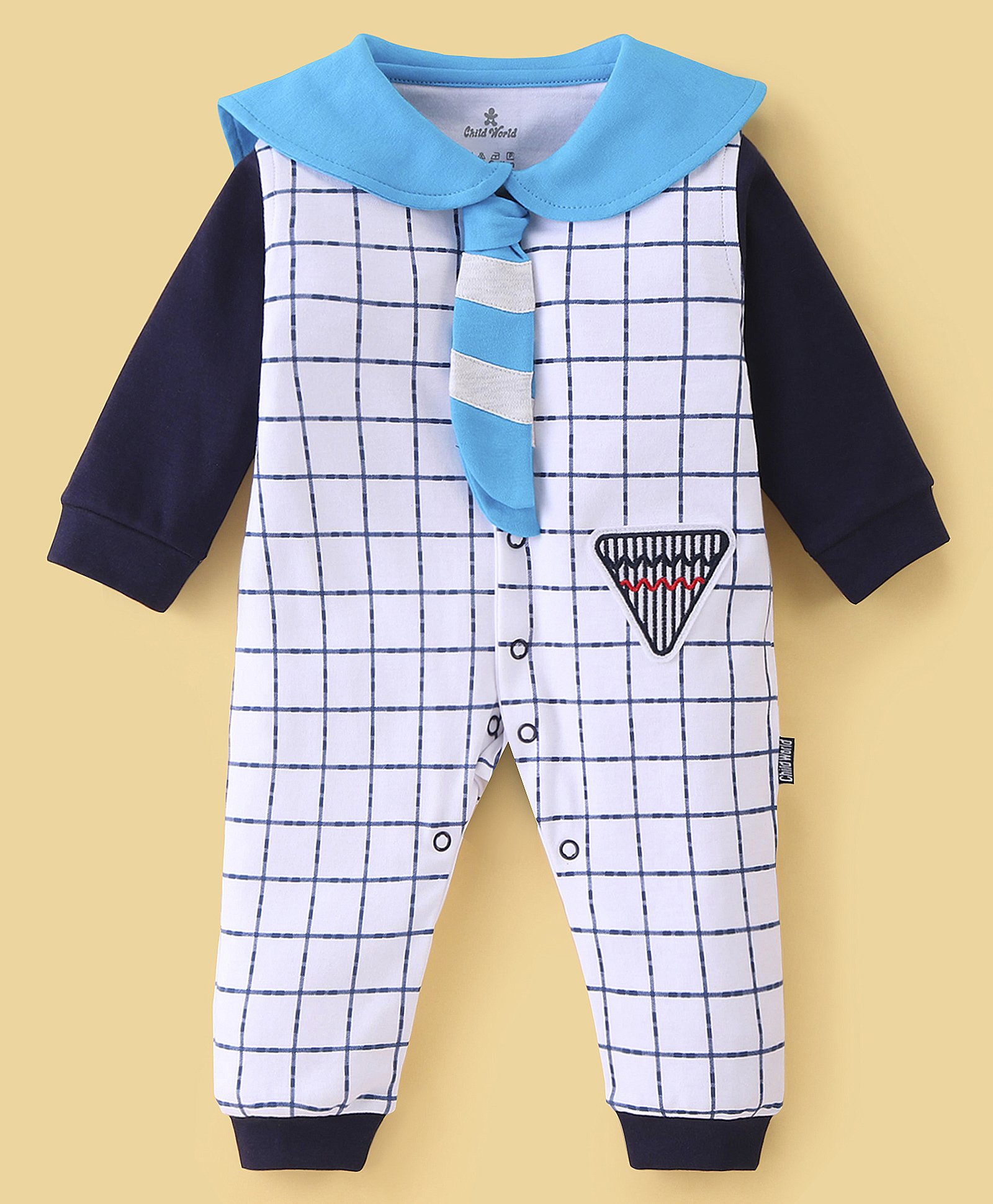 Child World Interlock Full Sleeves Sailor Neck Checked Romper With Tie - White & Light Blue-picture-17