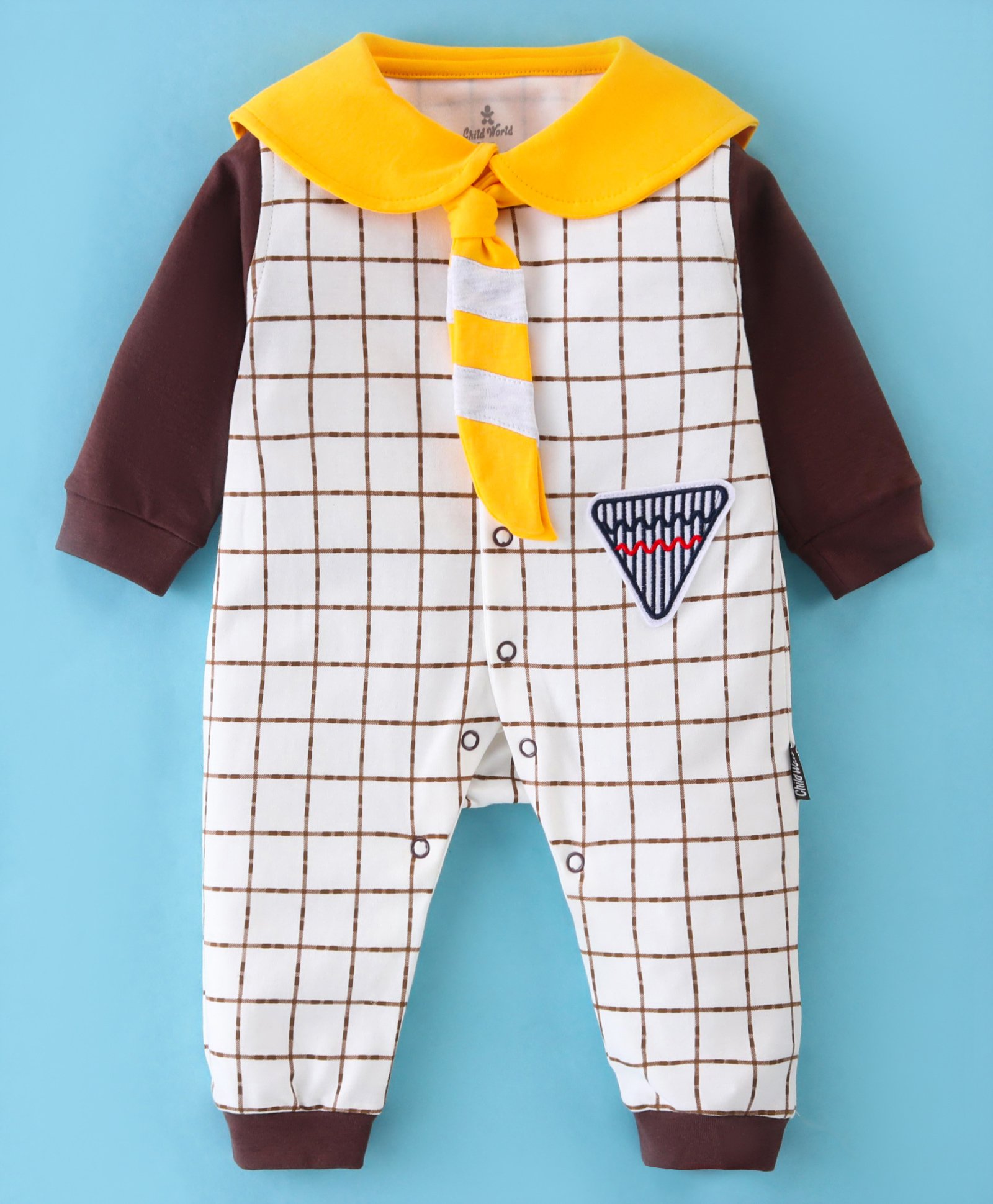 Child World Interlock Full Sleeves Sailor Neck Checked Romper With Tie - White & Golden-image-32