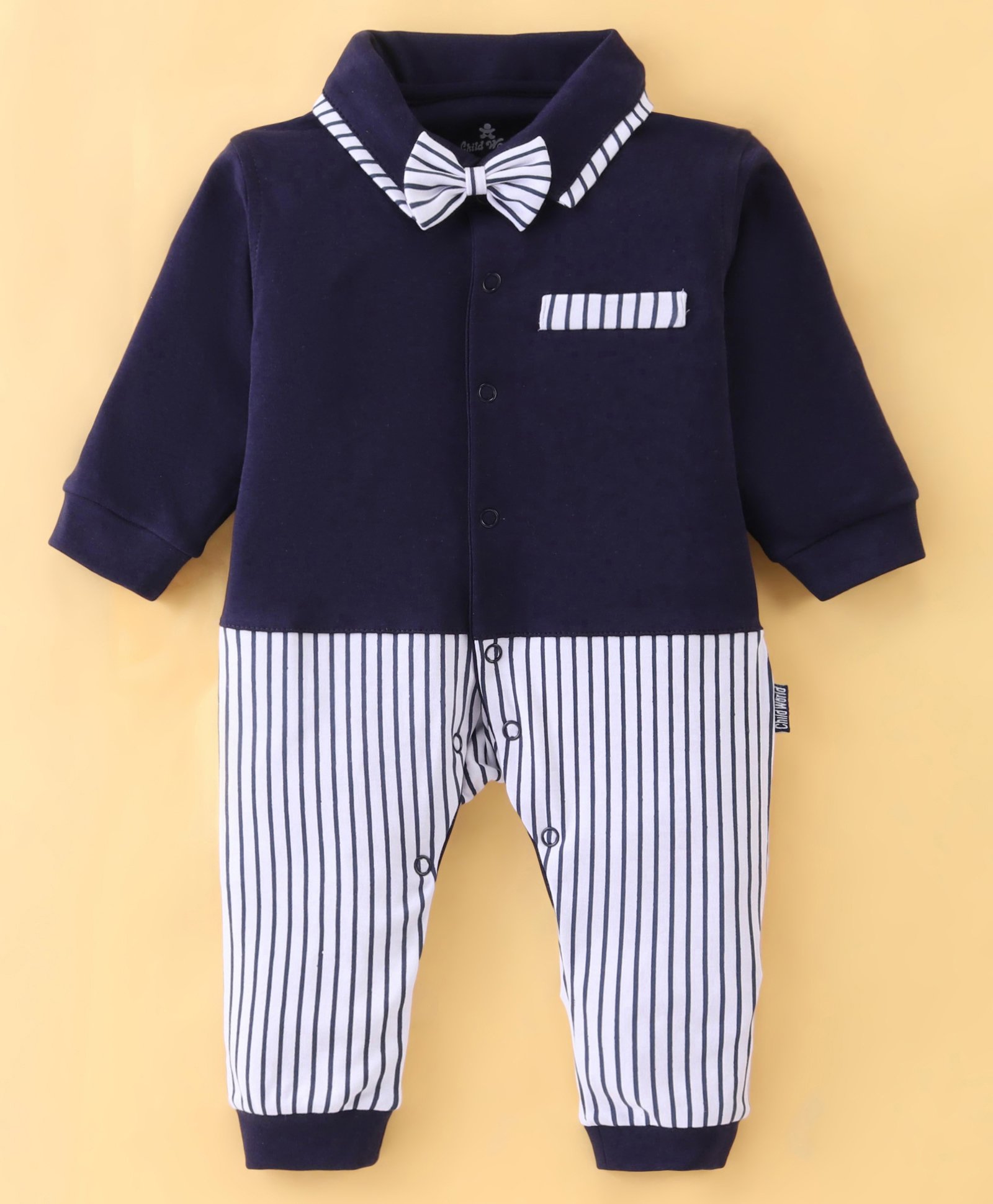 Child World Interlock Knit Full Sleeves Party Striped Romper with Bow - Navy Blue-picture-23