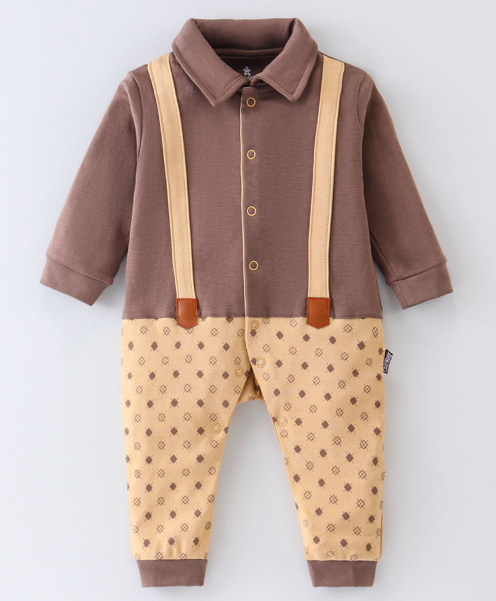 Child World Interlock Knit Full Sleeves Party Printed Romper with Bow -Brown-picture-22