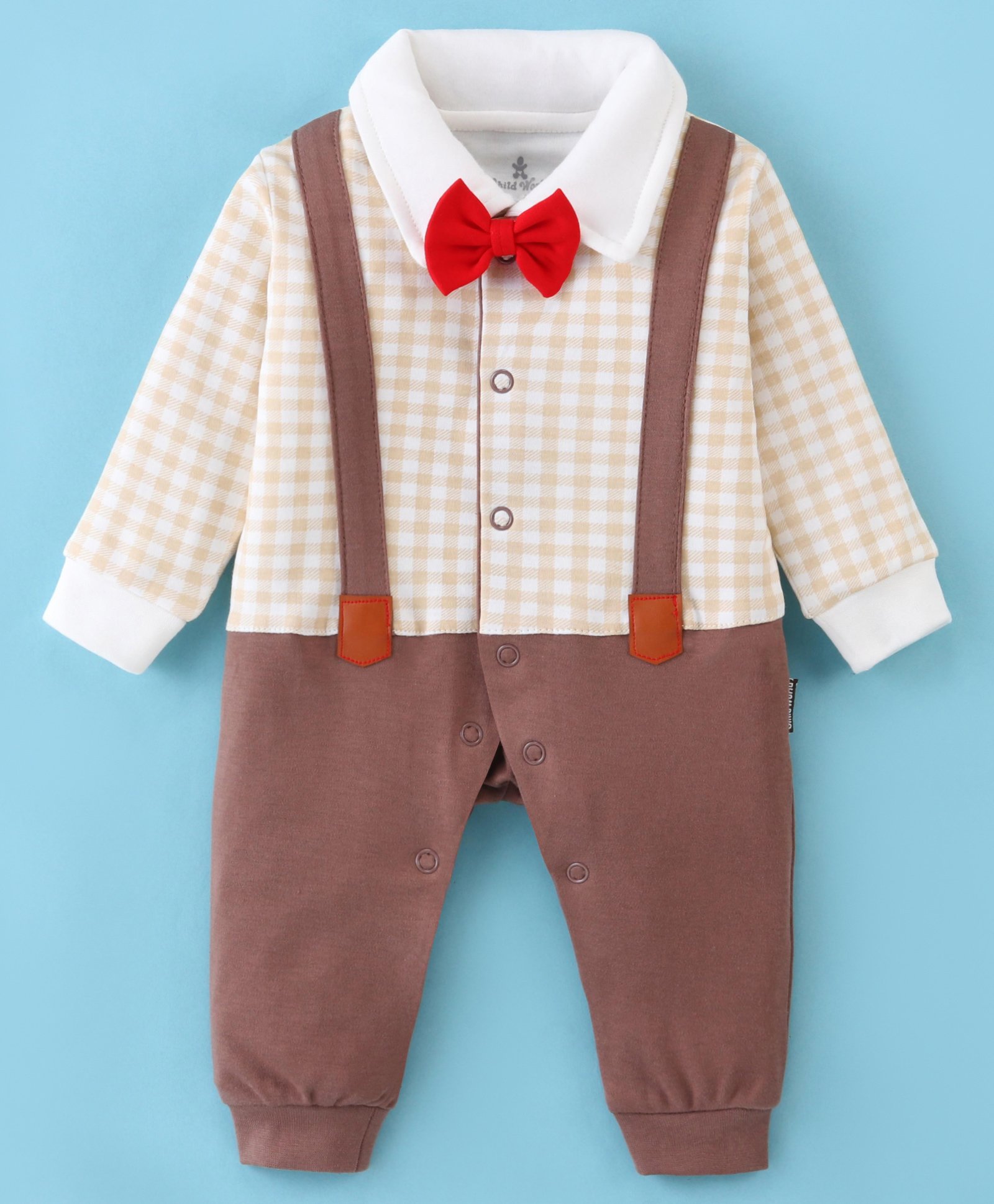 Child World Interlock  Full Sleeves Romper with Attached Suspender & Bow - Brown-picture-10