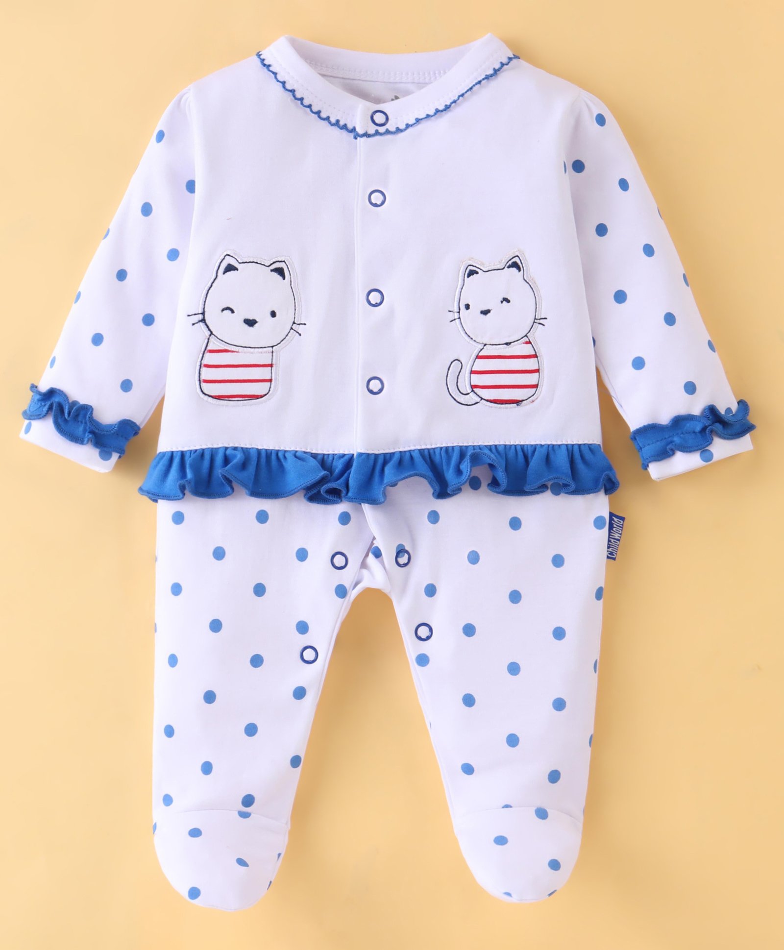 Child World Interlock Knit Full Sleeves Polka Dot Printed Footed Sleep Suit with Kitty Embroidery & Frill Detailing - Blue & White-image-25